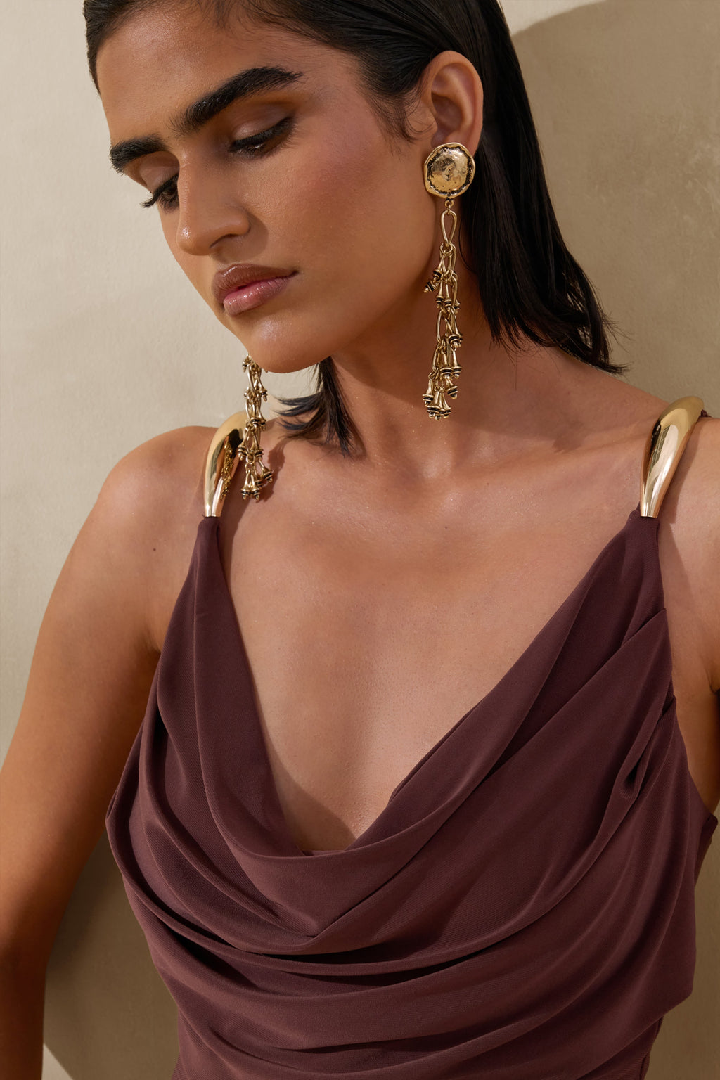 Iridessa | Brown Plunge-Neck Maxi Dress