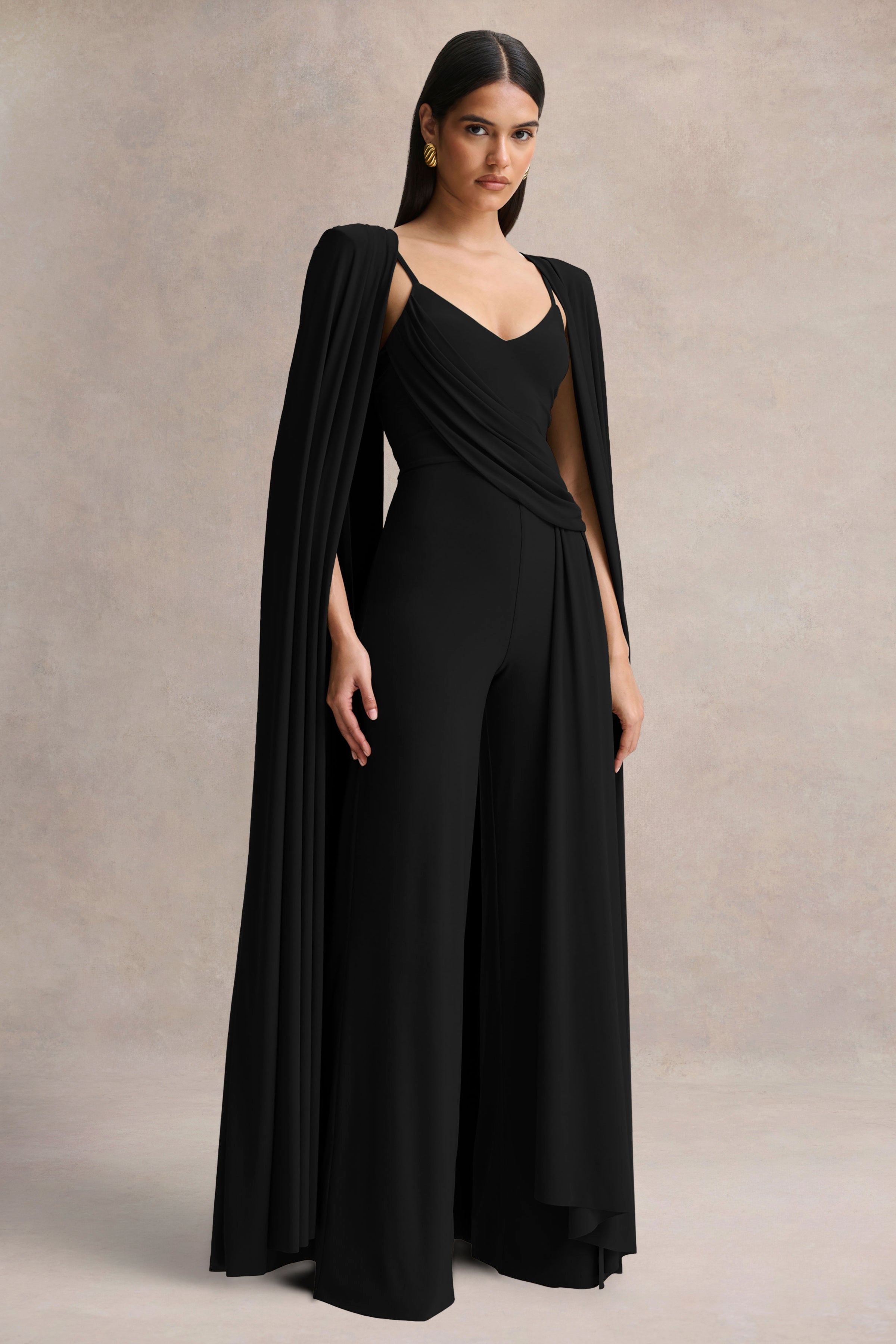 Labina | Black Plunge-Neck Jumpsuit With Cape-Sleeves