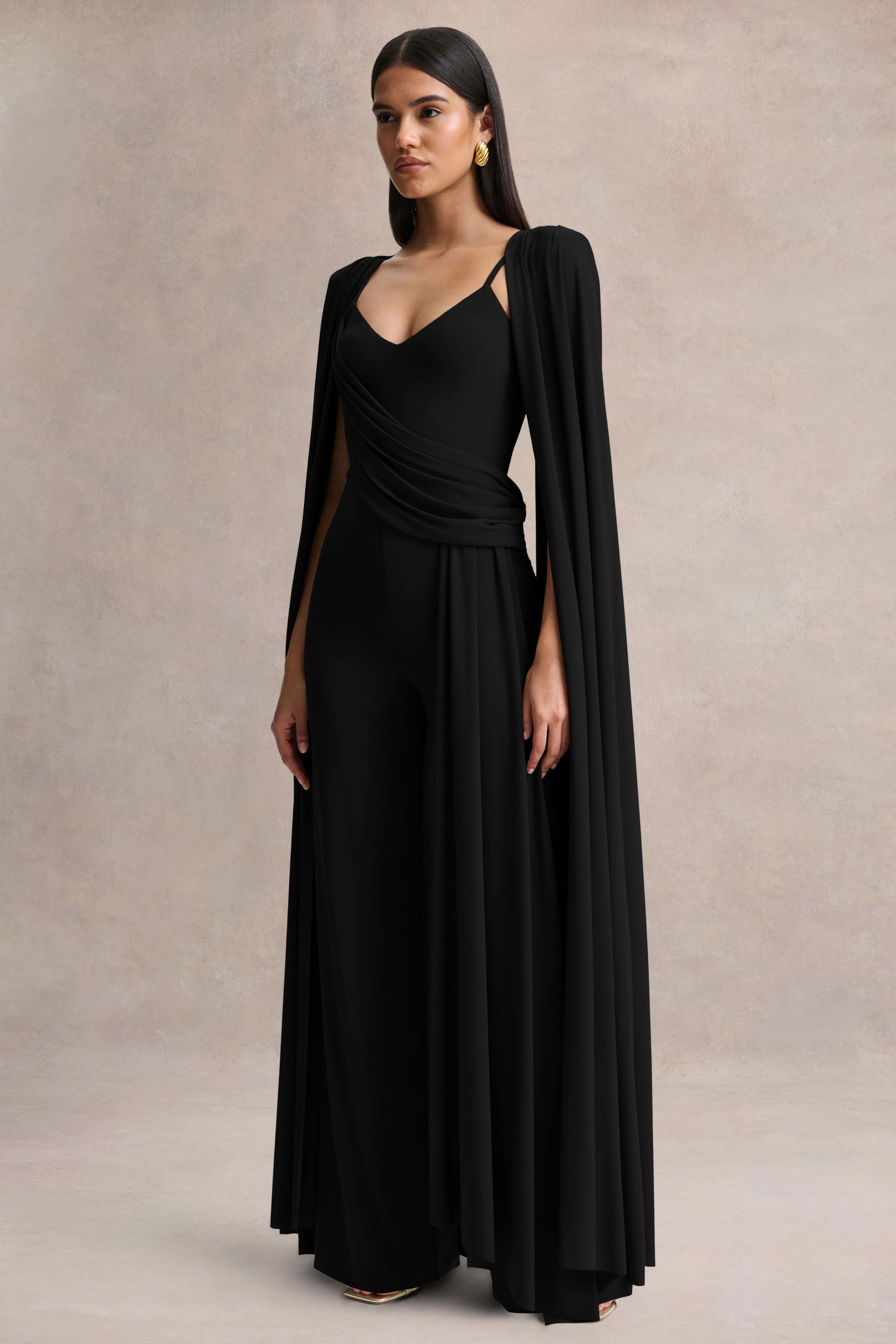 Labina | Black Plunge-Neck Jumpsuit With Cape-Sleeves