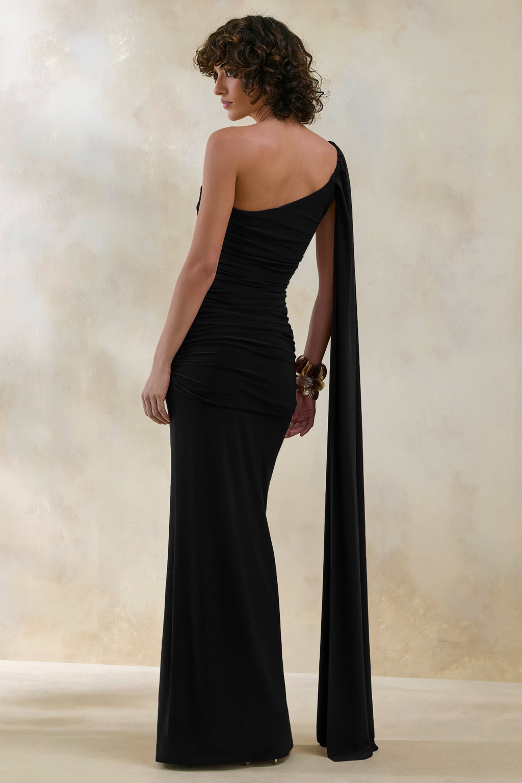 Bettine | Black Asymmetric-Neck Maxi Dress With Cape-Sleeve