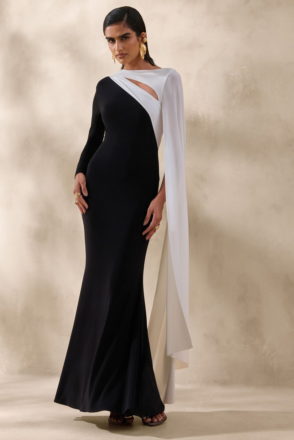 Dabria | Black And White Asymmetric-Neck Maxi Dress With Cape-Sleeve