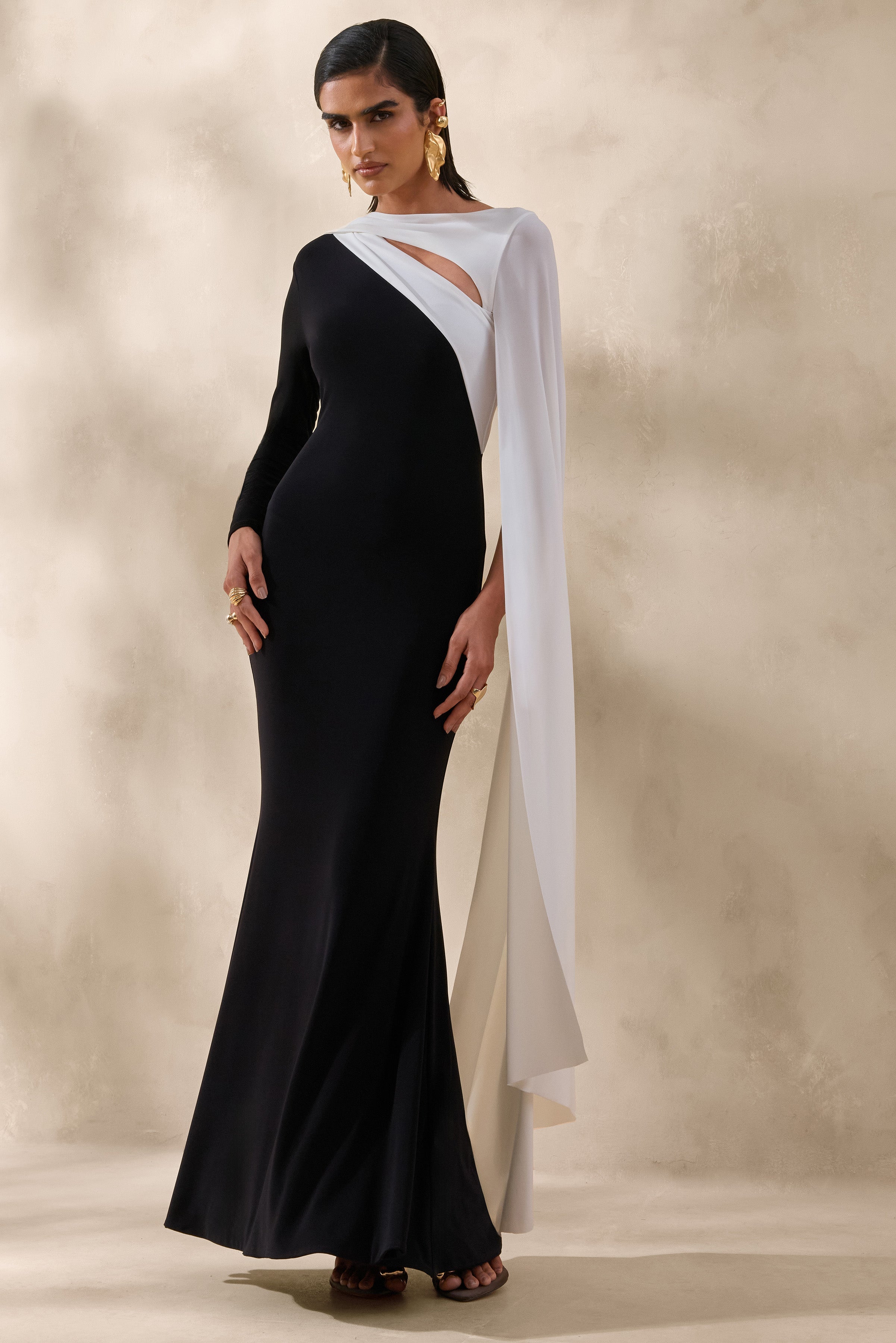 Dabria | Black And White Asymmetric-Neck Maxi Dress With Cape-Sleeve