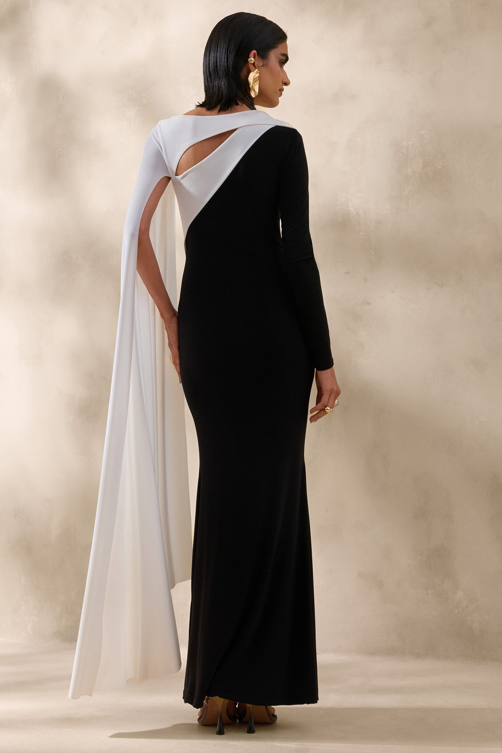 Dabria | Black And White Asymmetric-Neck Maxi Dress With Cape-Sleeve