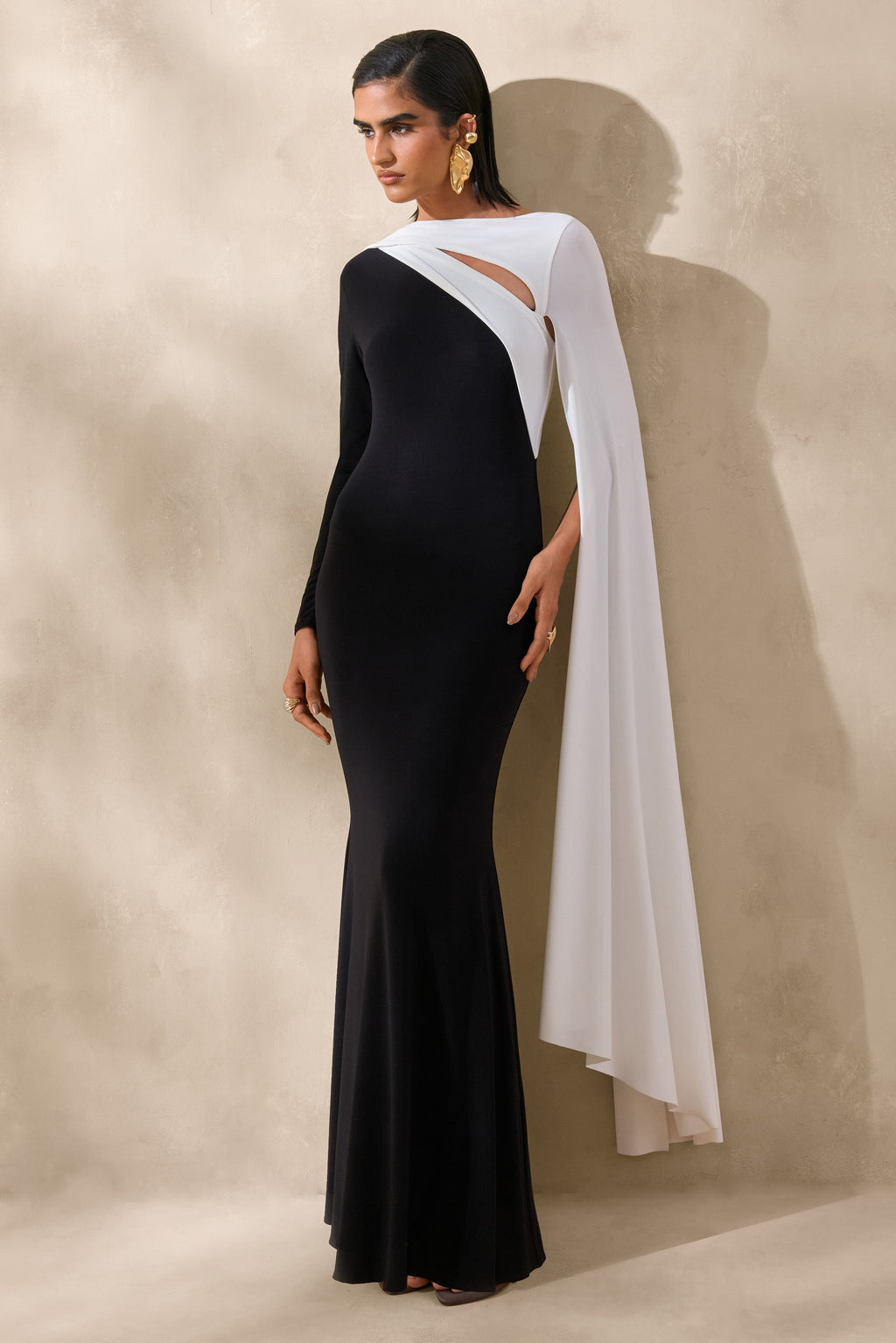 Dabria | Black And White Asymmetric-Neck Maxi Dress With Cape-Sleeve