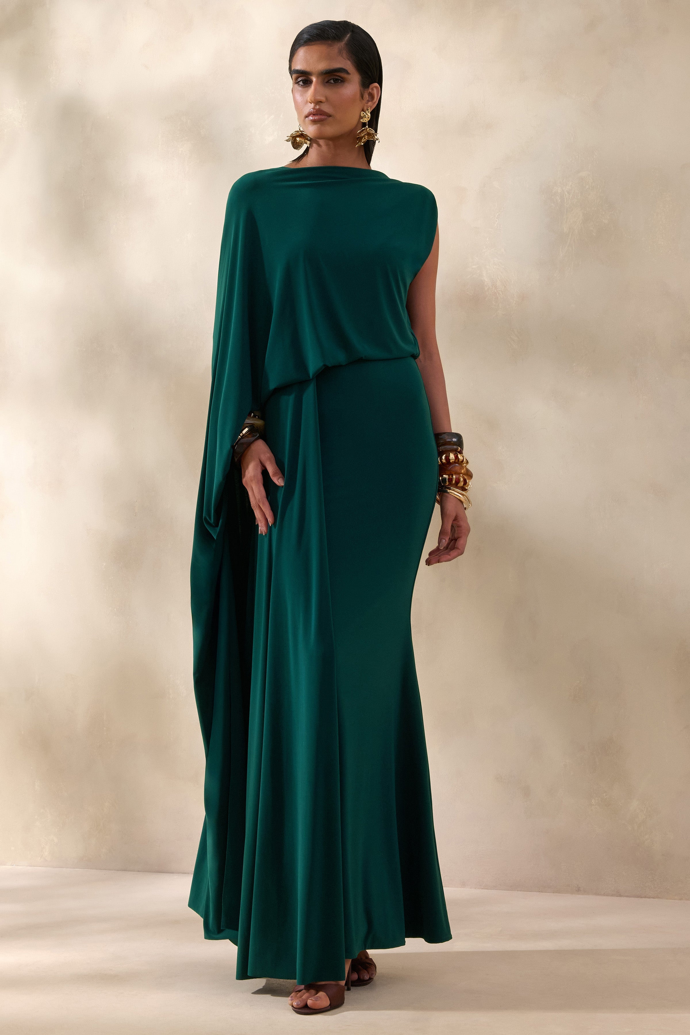 Carenza | Dark Green Wide-Neck Maxi Dress With Cape-Sleeve