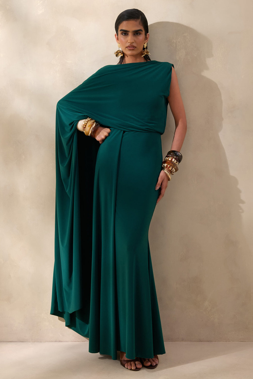 Carenza | Dark Green Wide-Neck Maxi Dress With Cape-Sleeve