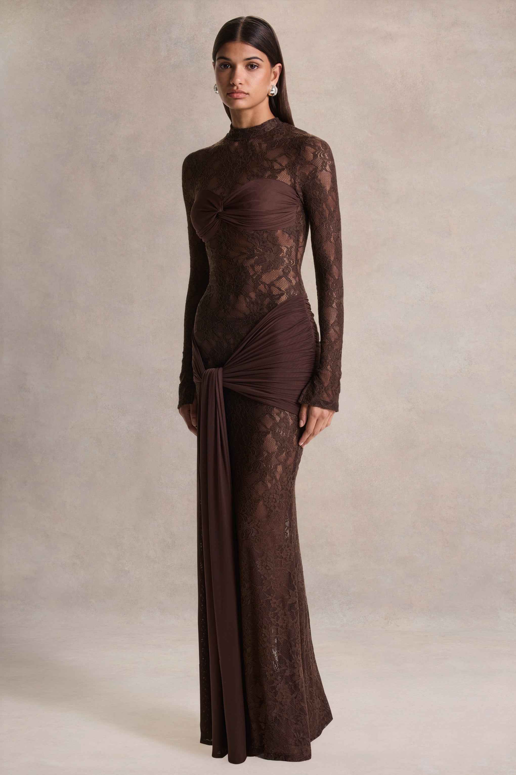 Akira | Brown Lace Maxi Dress With Sash-Detail