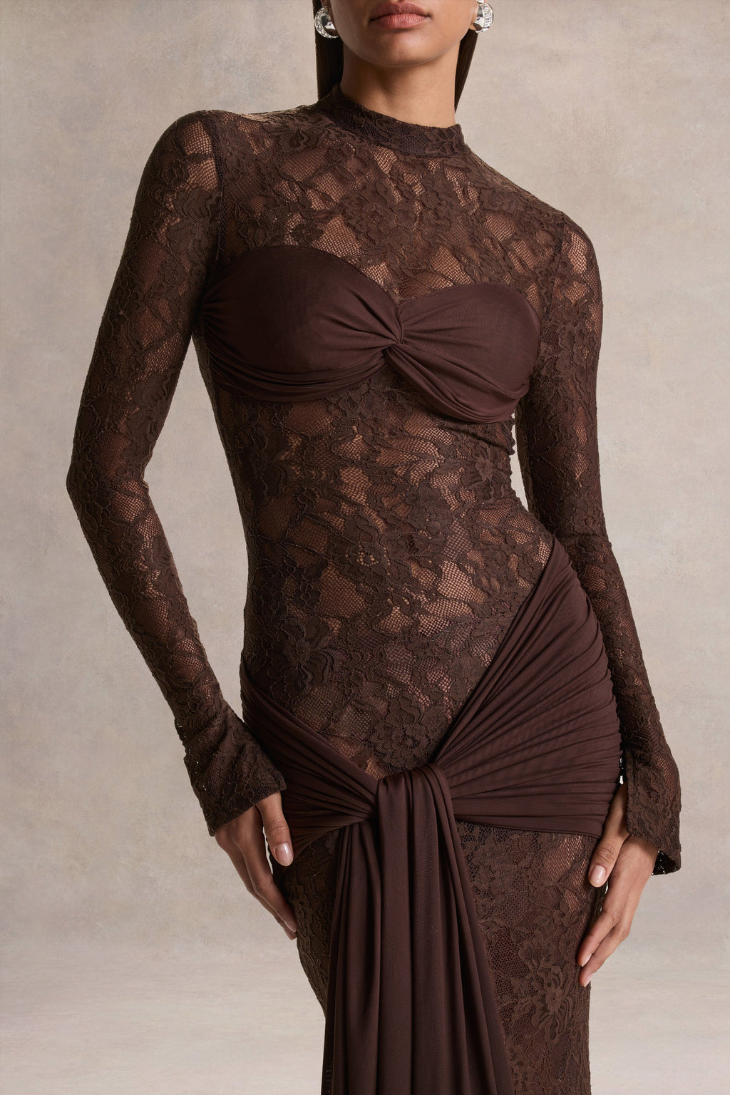 Akira | Brown Lace Maxi Dress With Sash-Detail