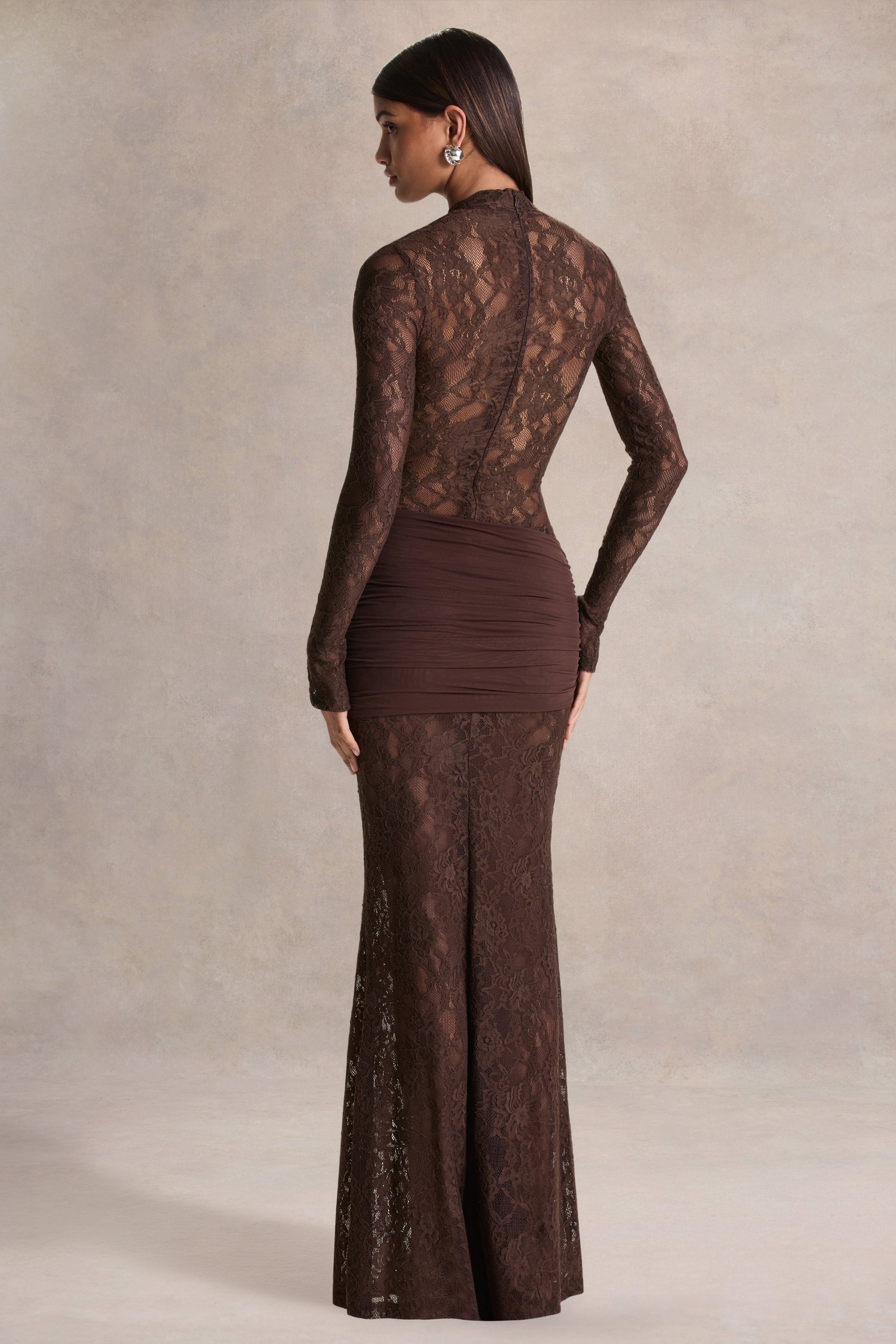 Akira | Brown Lace Maxi Dress With Sash-Detail