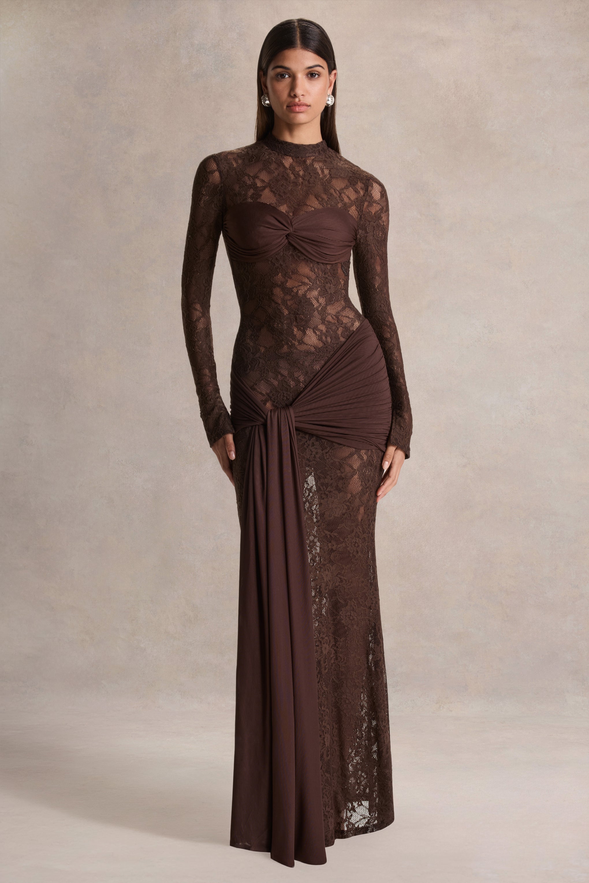 Akira | Brown Lace Maxi Dress With Sash-Detail