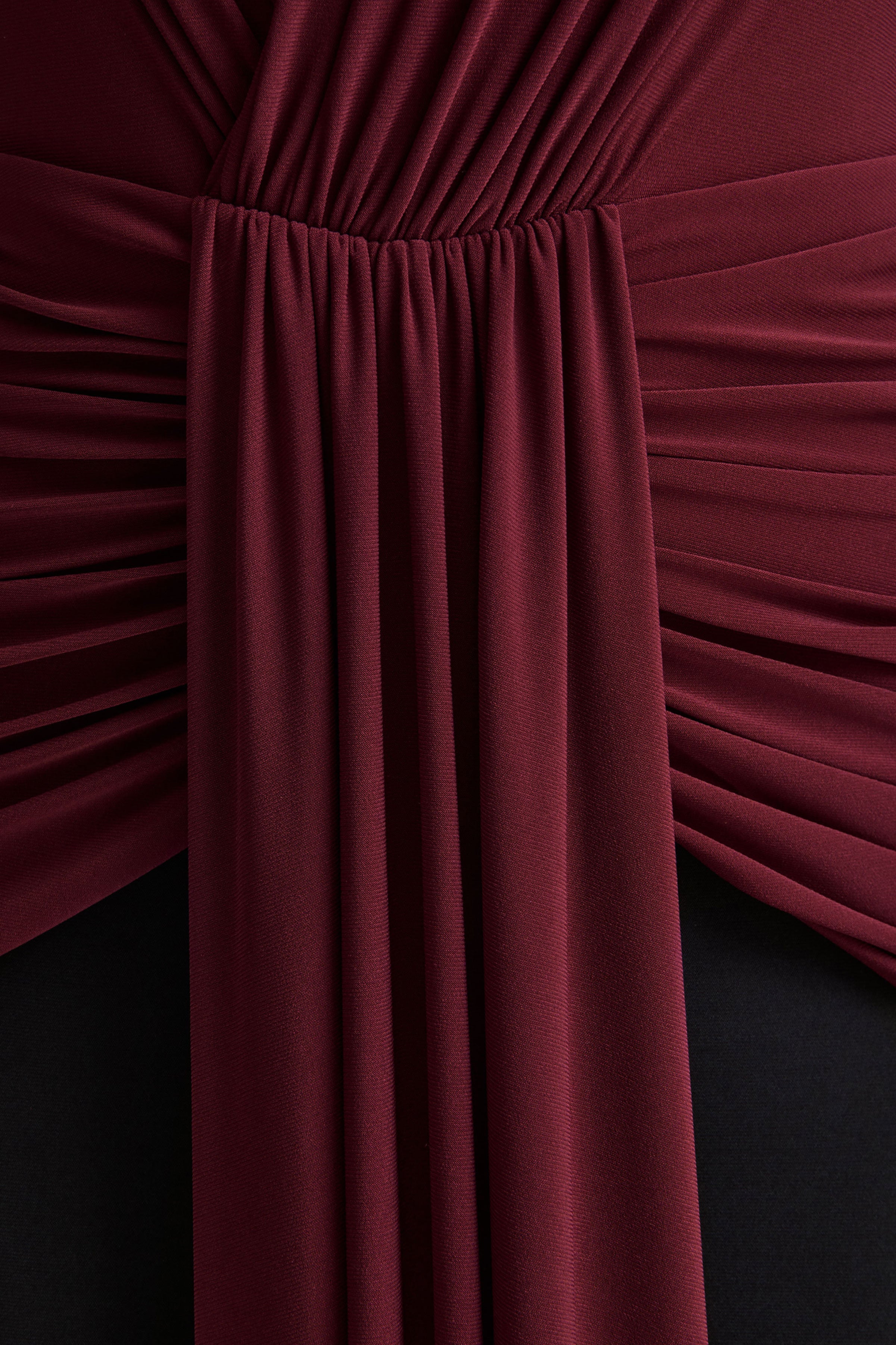 Halston | Burgundy And Black Plunge-Neck Maxi Dress With Gathered-Detailing