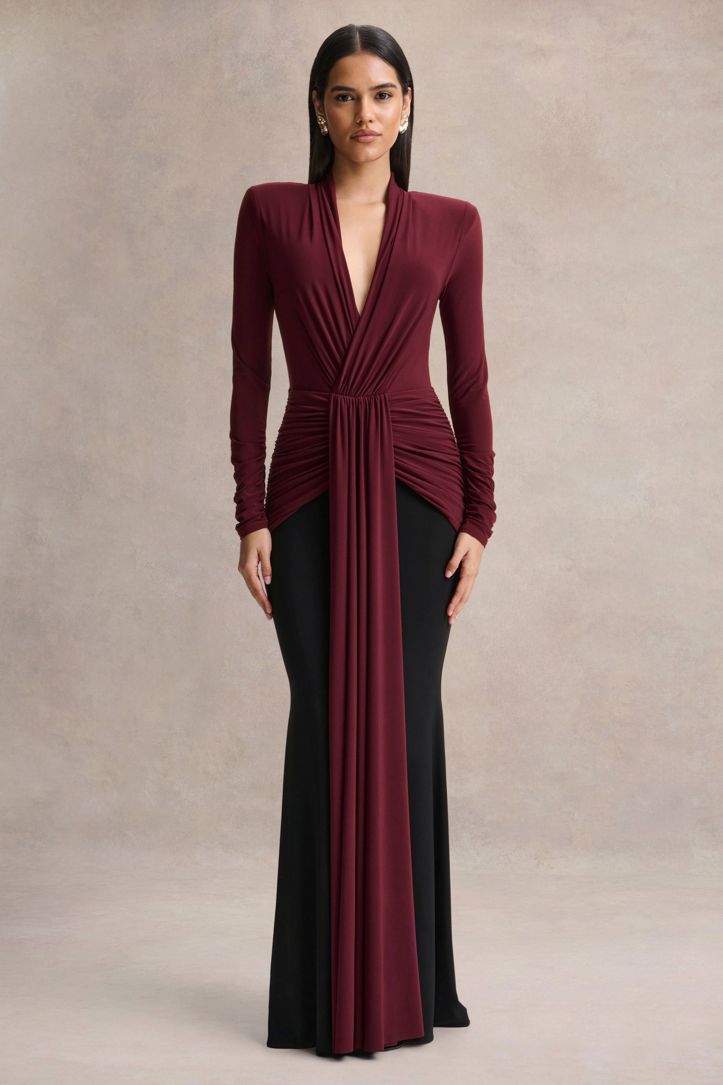 Halston | Burgundy And Black Plunge-Neck Maxi Dress With Gathered-Detailing