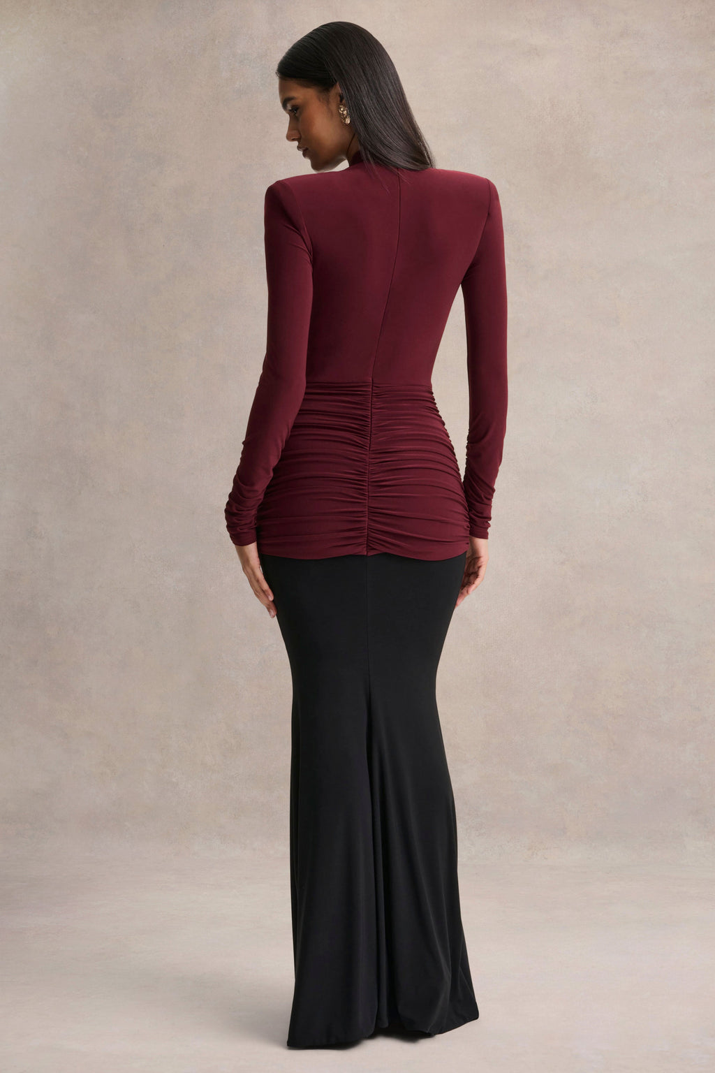 Halston | Burgundy And Black Plunge-Neck Maxi Dress With Gathered-Detailing