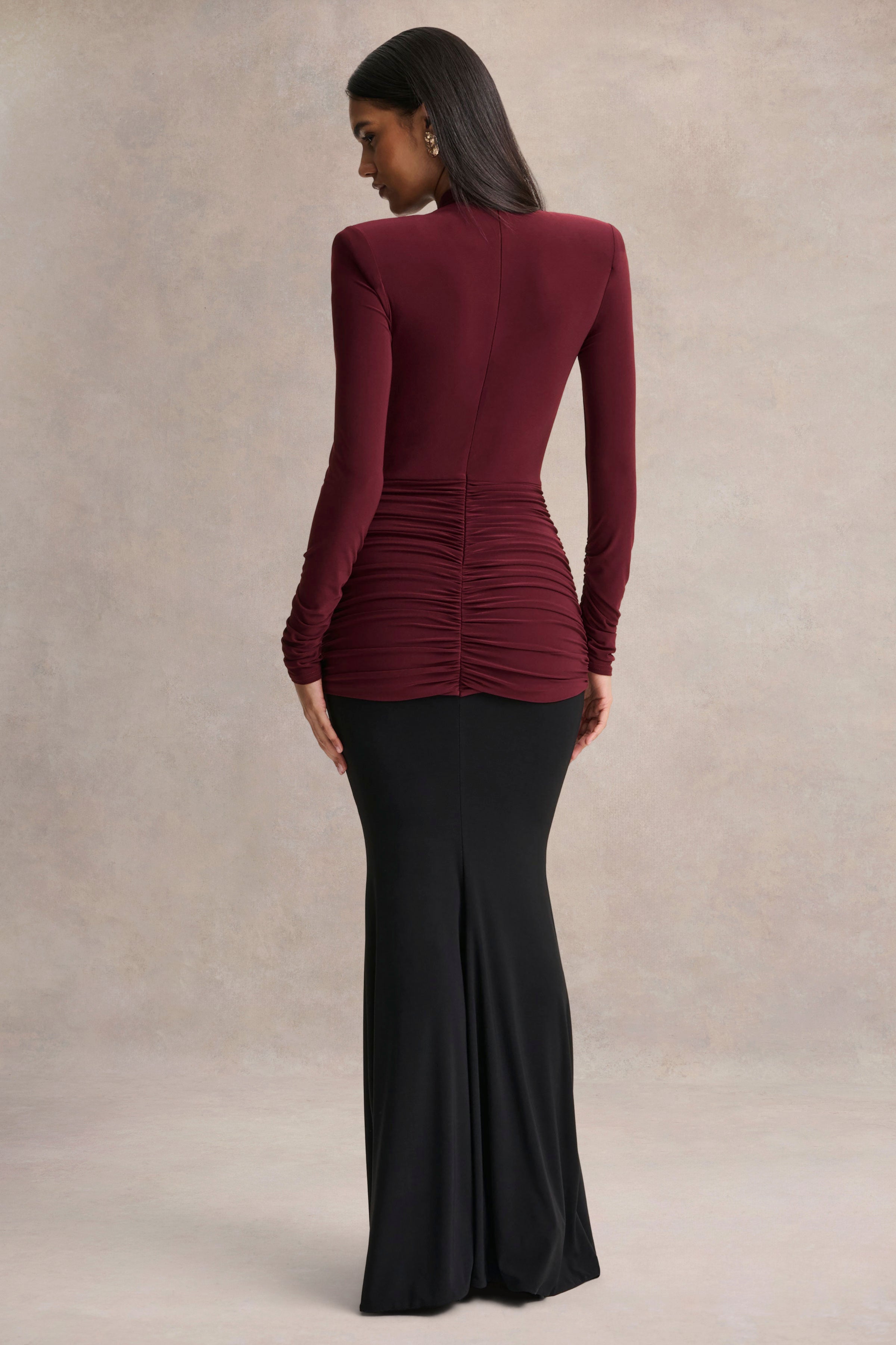 Halston | Burgundy And Black Plunge-Neck Maxi Dress With Gathered-Detailing