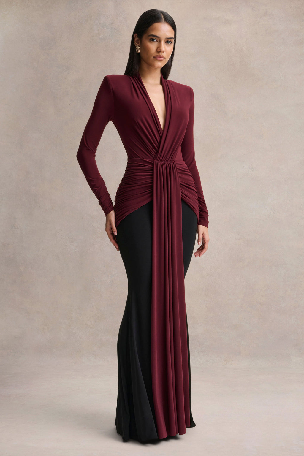 Halston | Burgundy And Black Plunge-Neck Maxi Dress With Gathered-Detailing