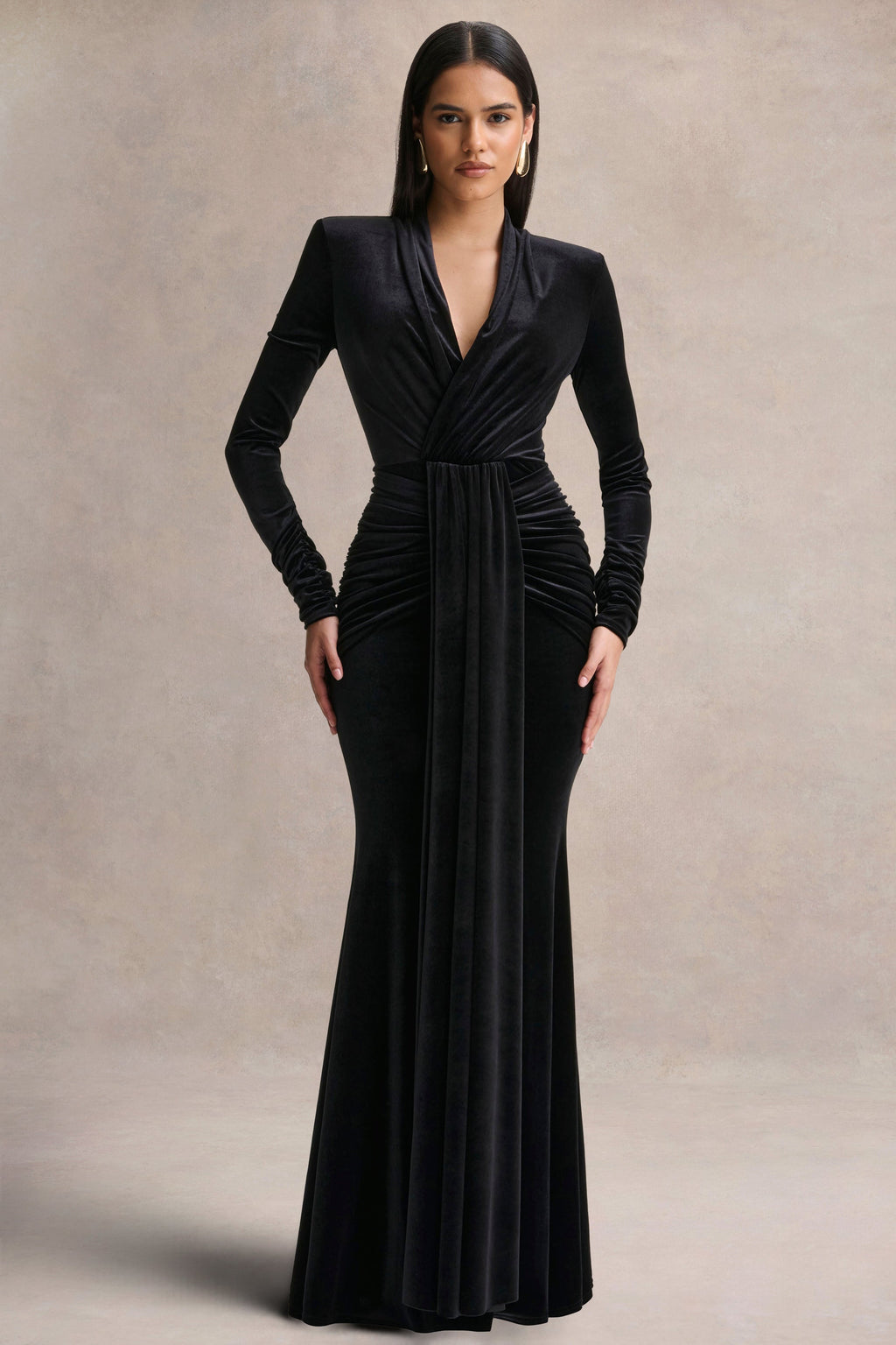 Halima | Black Velvet Plunge-Neck Maxi Dress With Gathered Detailing