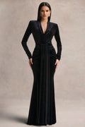 Halima | Black Velvet Plunge-Neck Maxi Dress With Gathered Detailing