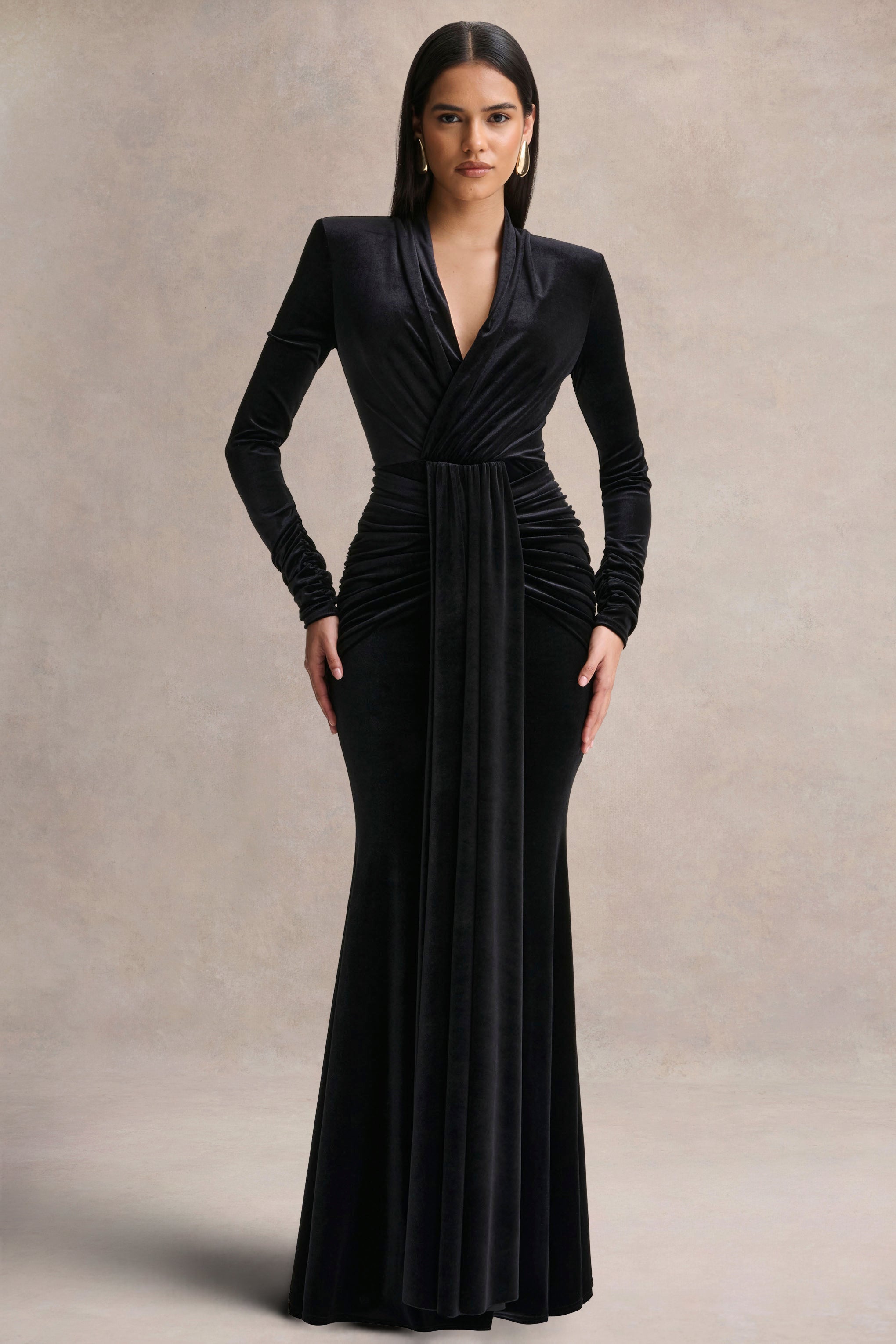 Halima | Black Velvet Plunge-Neck Maxi Dress With Gathered Detailing