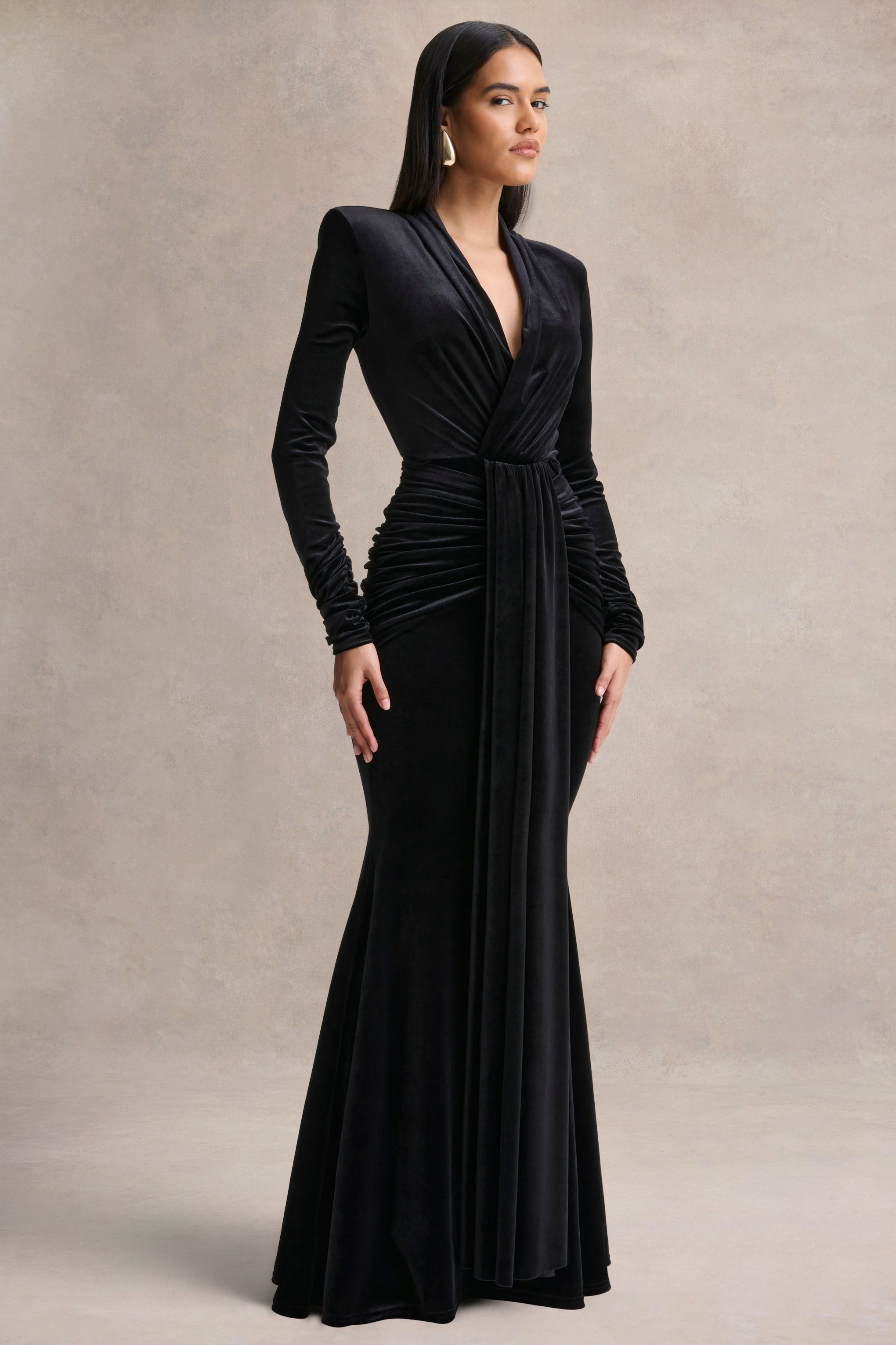 Halima | Black Velvet Plunge-Neck Maxi Dress With Gathered Detailing