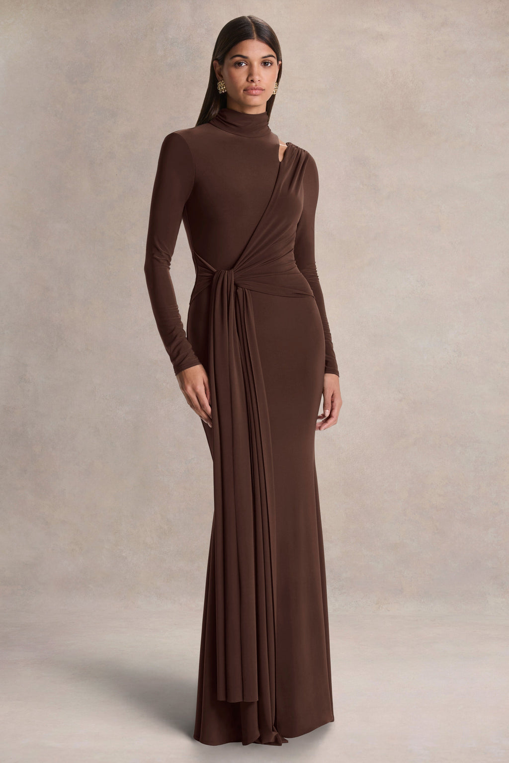 Alastrina | Brown High-Neck Maxi Dress With Gathered-Detailing