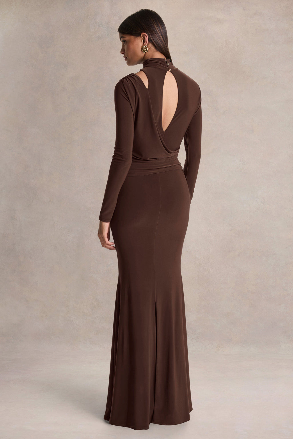 Alastrina | Brown High-Neck Maxi Dress With Gathered-Detailing