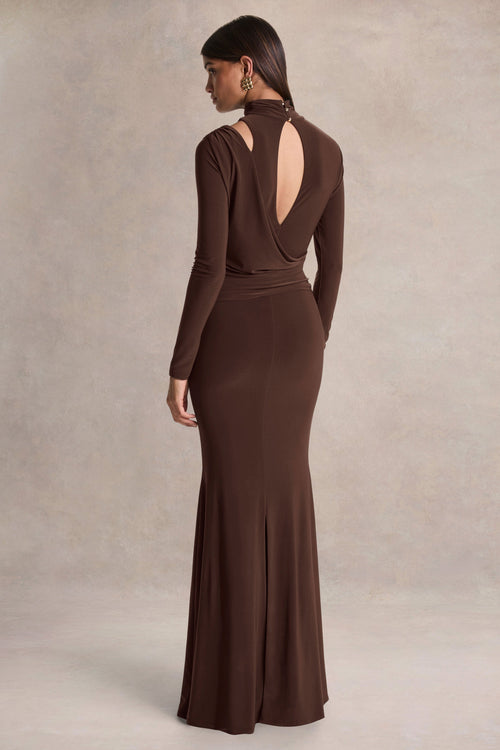 Alastrina | Brown High-Neck Maxi Dress With Gathered-Detailing