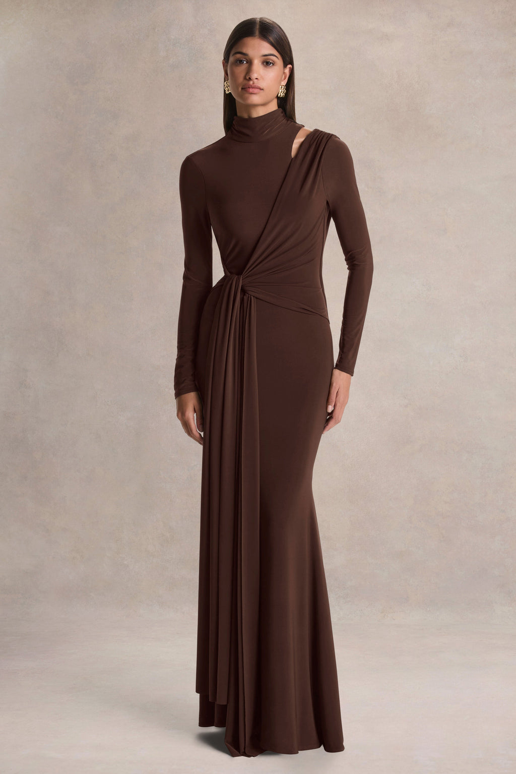 Alastrina | Brown High-Neck Maxi Dress With Gathered-Detailing