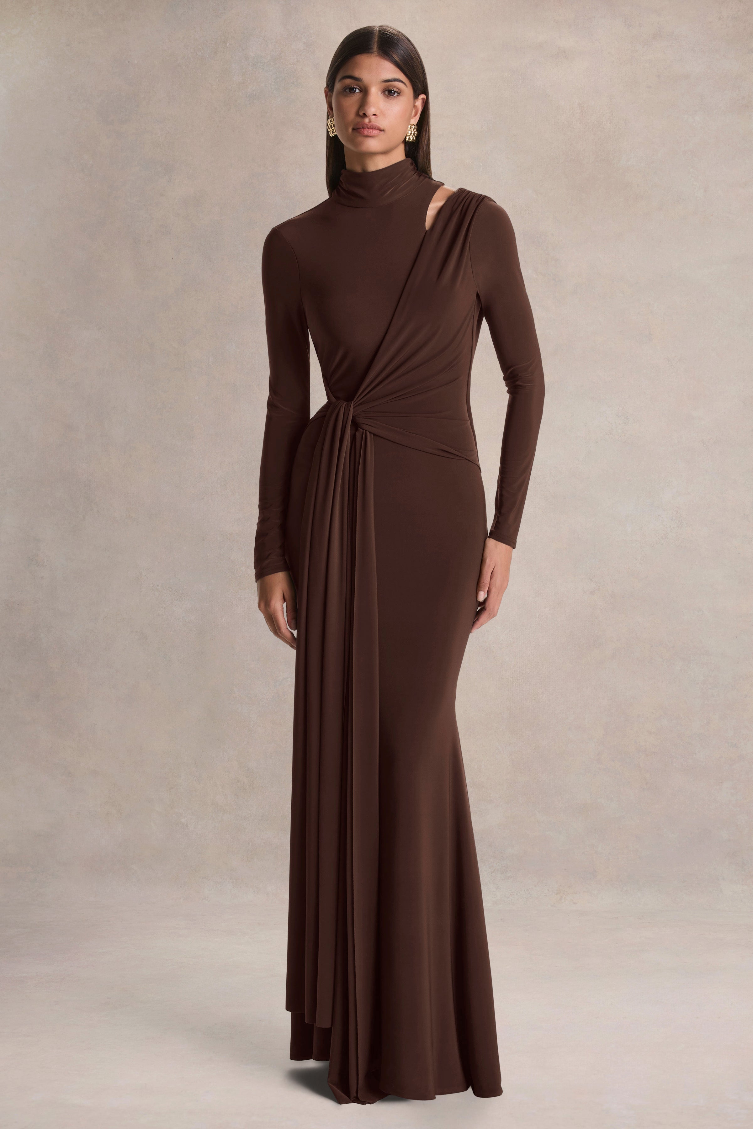 Alastrina | Brown High-Neck Maxi Dress With Gathered-Detailing