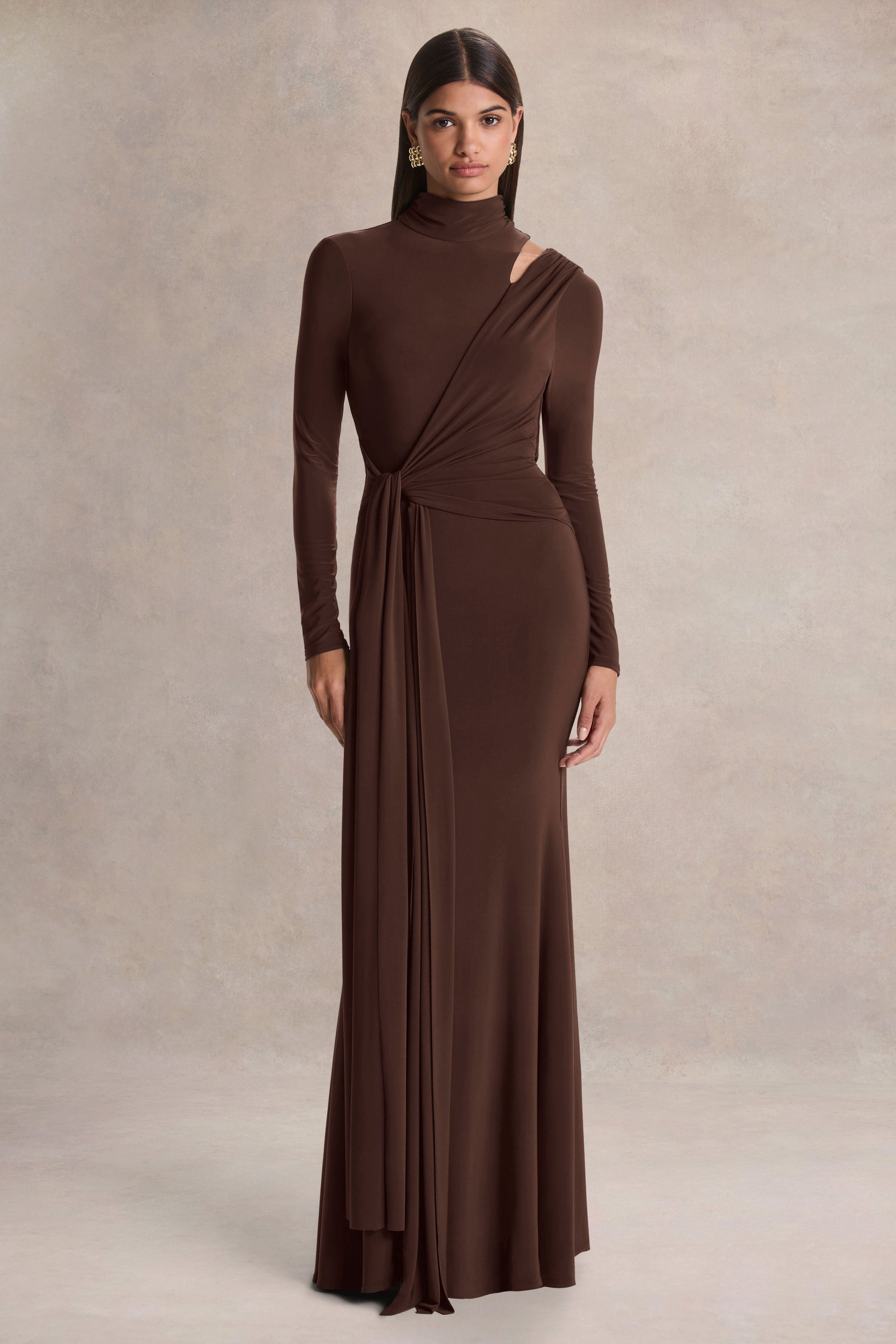 Alastrina | Brown High-Neck Maxi Dress With Gathered-Detailing