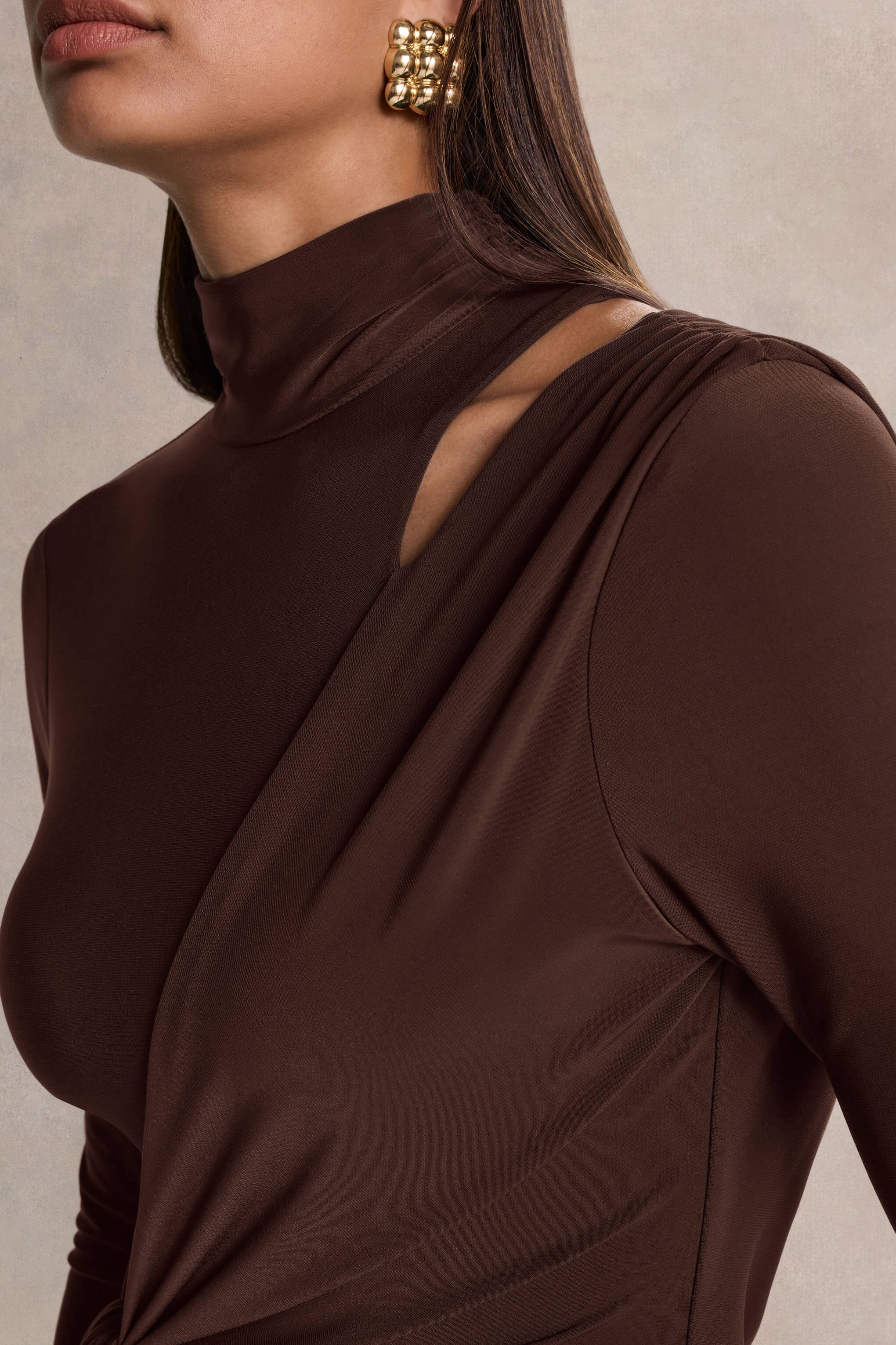 Alastrina | Brown High-Neck Maxi Dress With Gathered-Detailing
