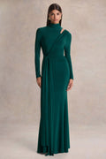 Alastrina | Dark Green High-Neck Maxi Dress With Gathered-Detailing