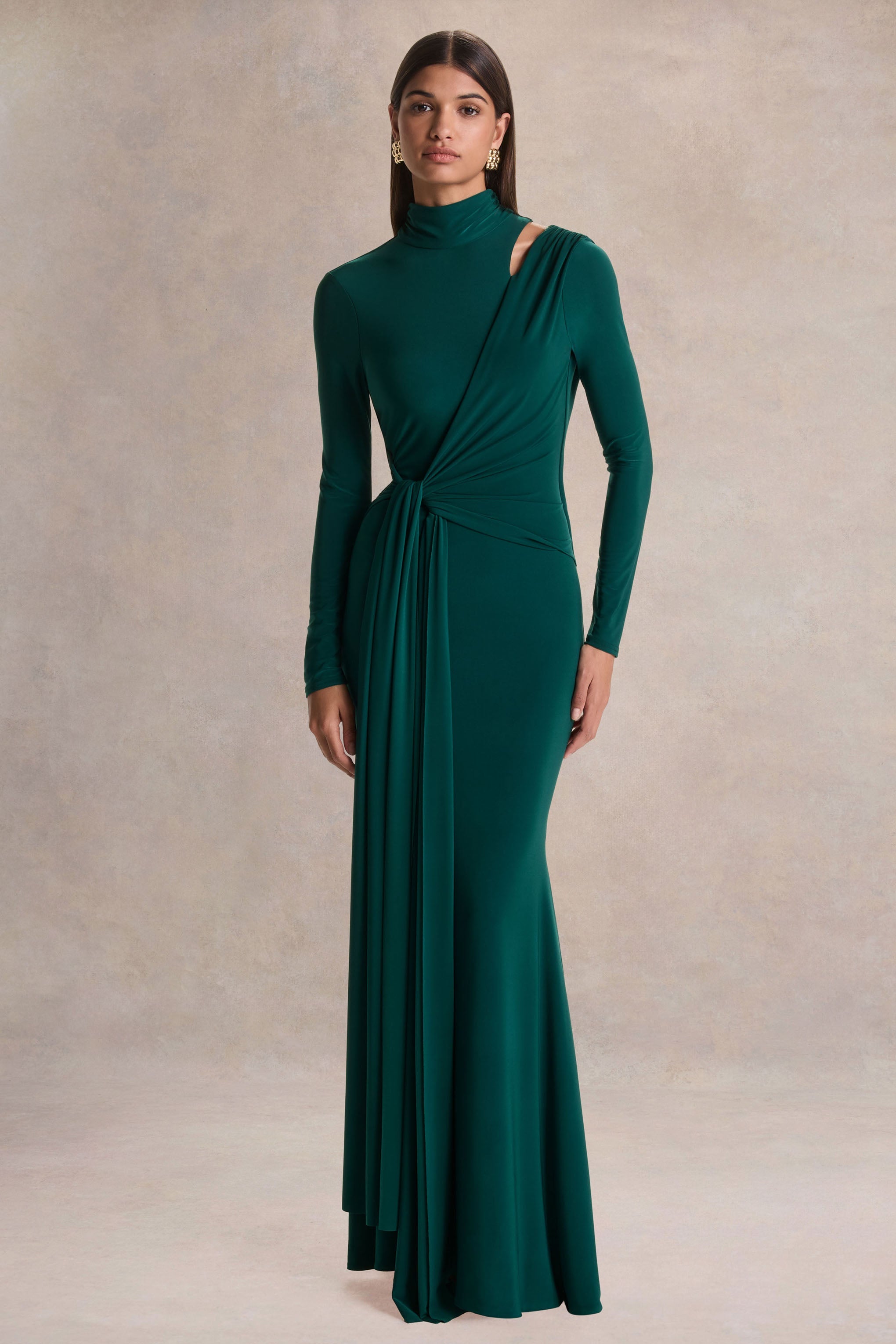 Alastrina | Dark Green High-Neck Maxi Dress With Gathered-Detailing