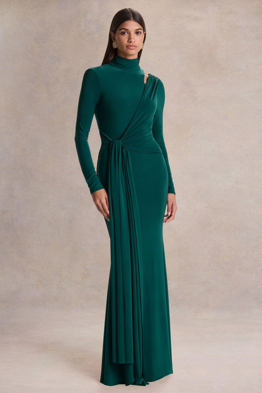 Alastrina | Dark Green High-Neck Maxi Dress With Gathered-Detailing