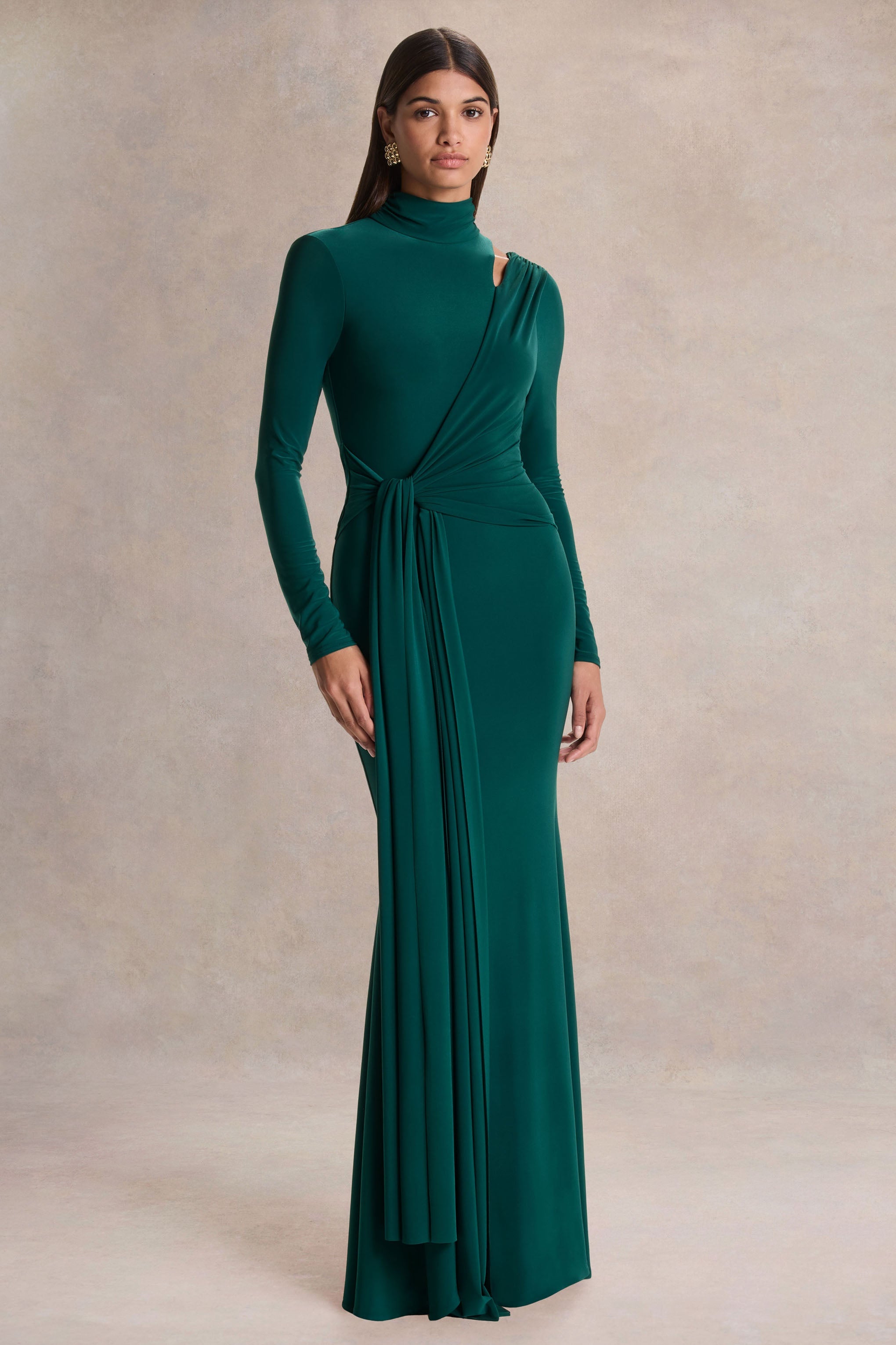 Alastrina | Dark Green High-Neck Maxi Dress With Gathered-Detailing