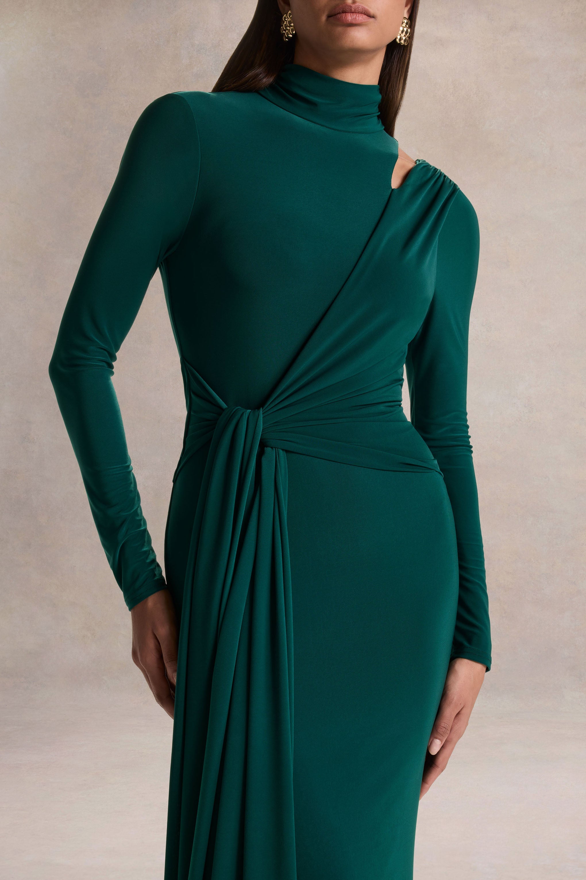 Alastrina | Dark Green High-Neck Maxi Dress With Gathered-Detailing