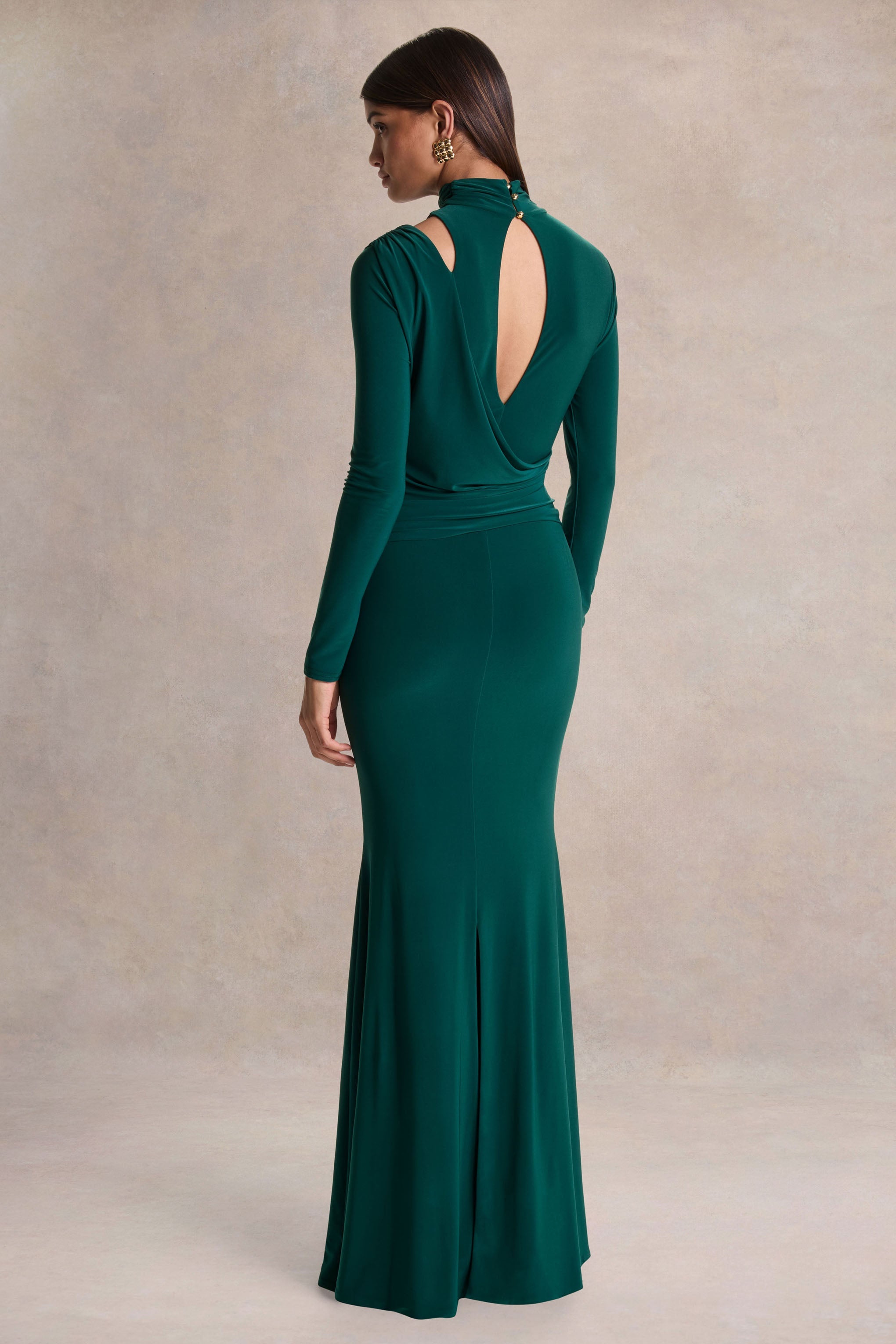 Alastrina | Dark Green High-Neck Maxi Dress With Gathered-Detailing