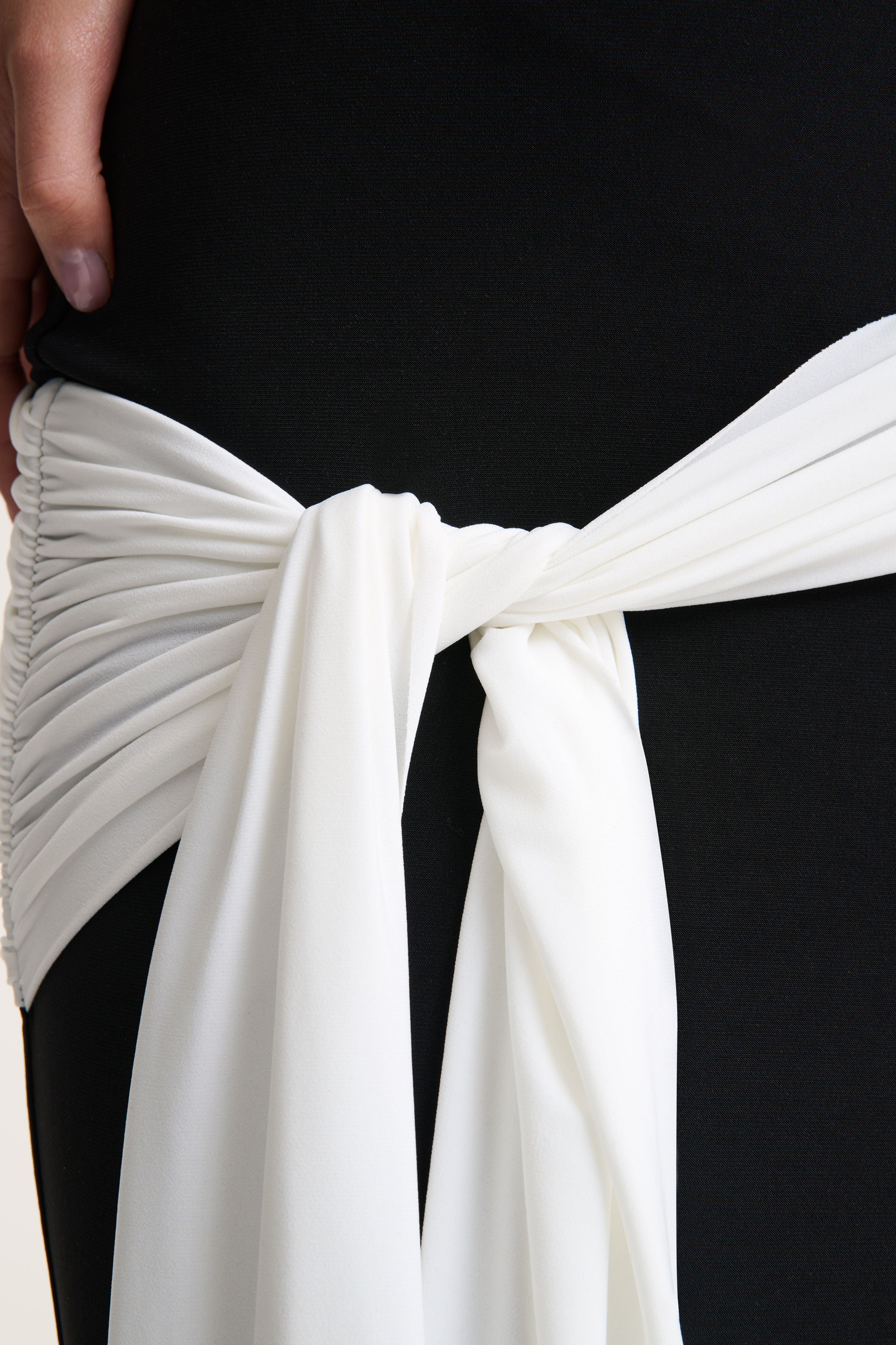 Dorinda | Black And White High-Neck Maxi Dress With Drape And Scarf-Detail