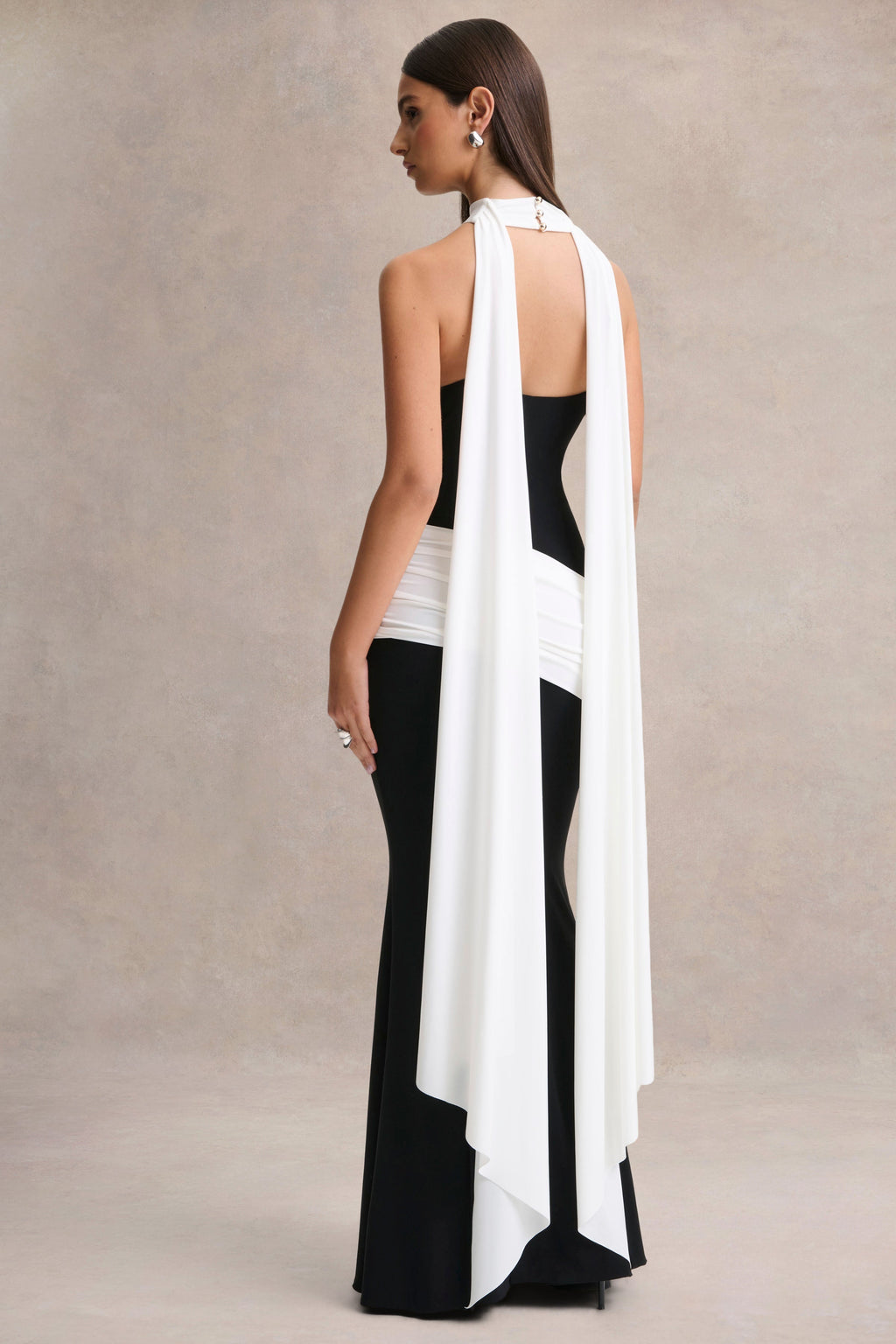 Dorinda | Black And White High-Neck Maxi Dress With Drape And Scarf-Detail