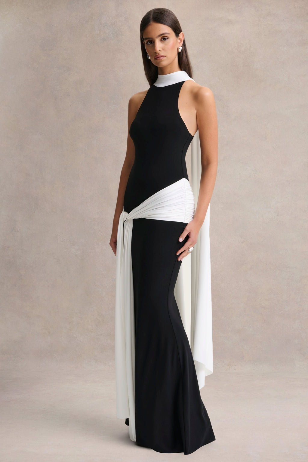 Dorinda | Black And White High-Neck Maxi Dress With Drape And Scarf-Detail