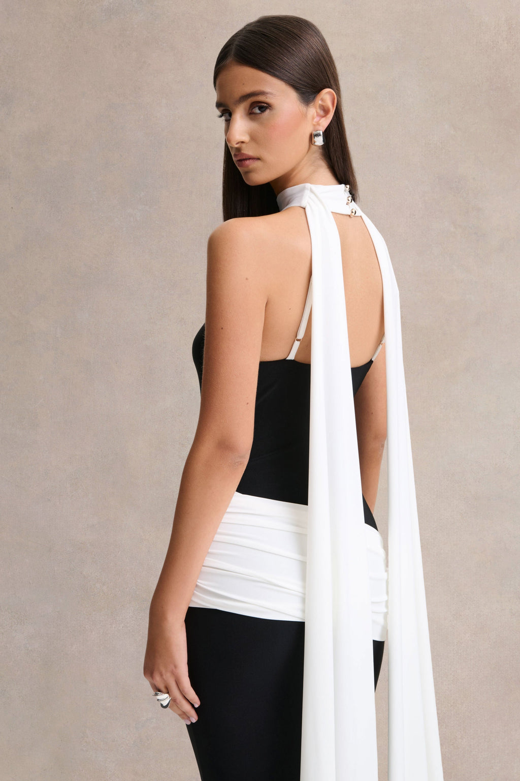 Dorinda | Black And White High-Neck Maxi Dress With Drape And Scarf-Detail