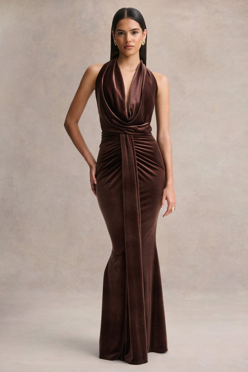 Lavernia | Brown Velvet Halter-Neck Maxi Dress With Gathered-Detailing