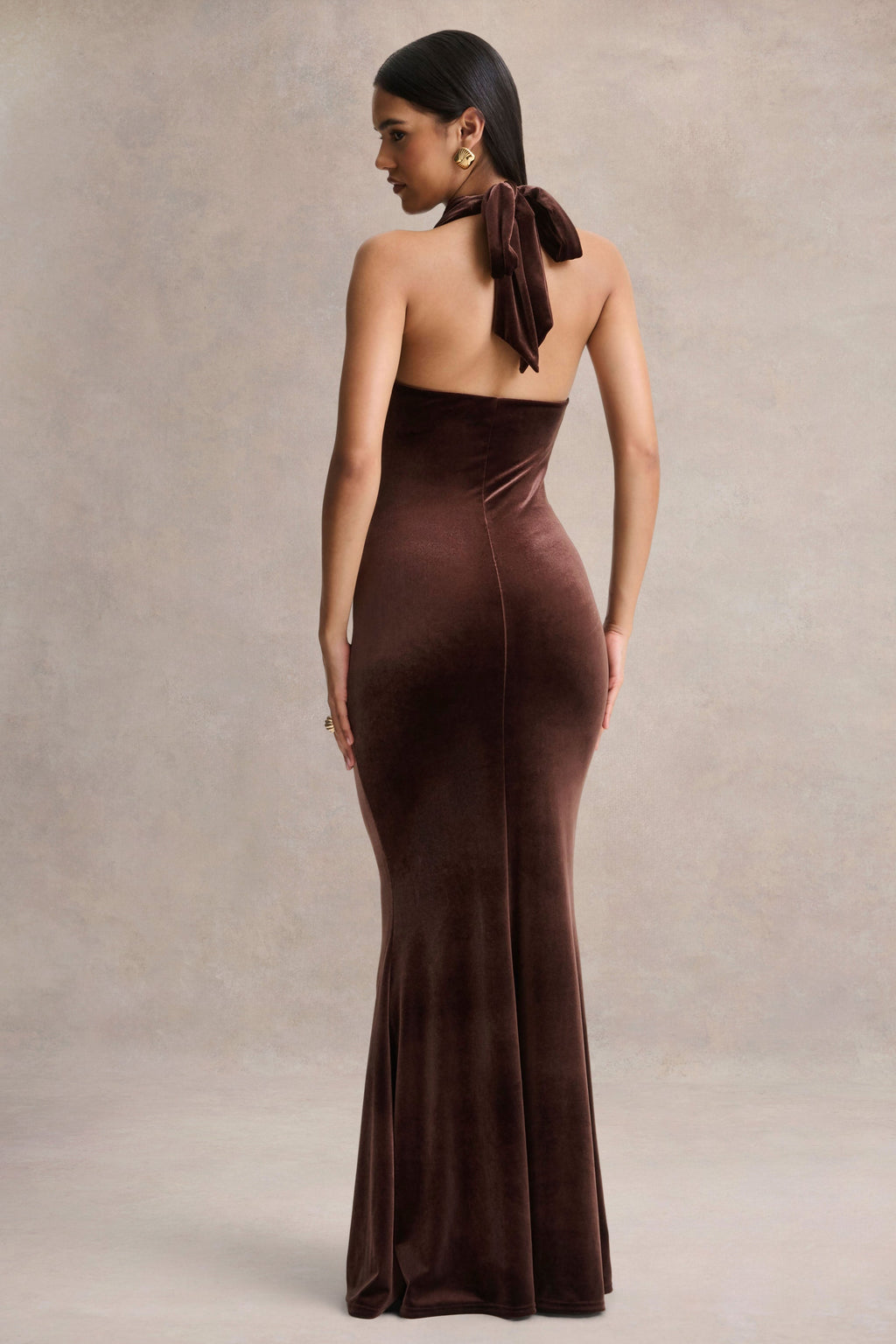Lavernia | Brown Velvet Halter-Neck Maxi Dress With Gathered-Detailing