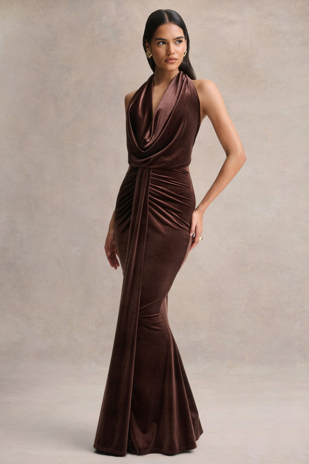 Lavernia | Brown Velvet Halter-Neck Maxi Dress With Gathered-Detailing