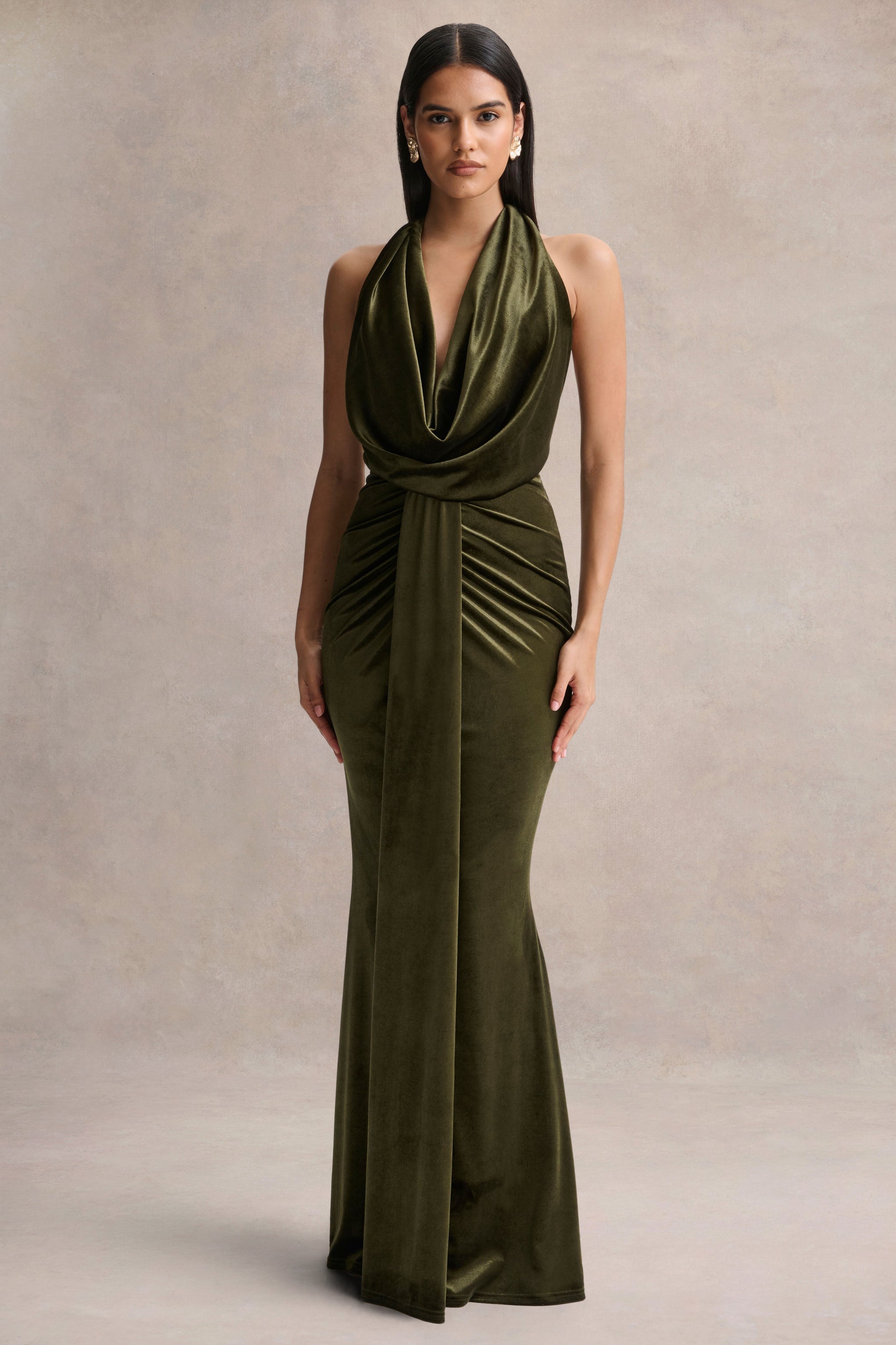 Lavernia | Olive Velvet Halter-Neck Maxi Dress With Gathered-Detailing