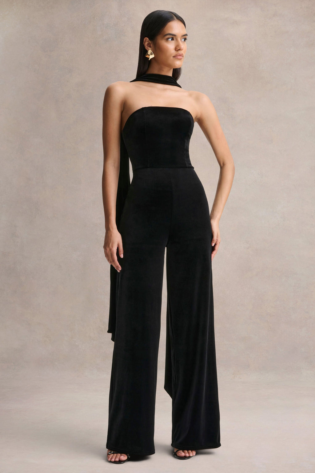 Arcane | Black Velvet Bandeau Jumpsuit With Scarf