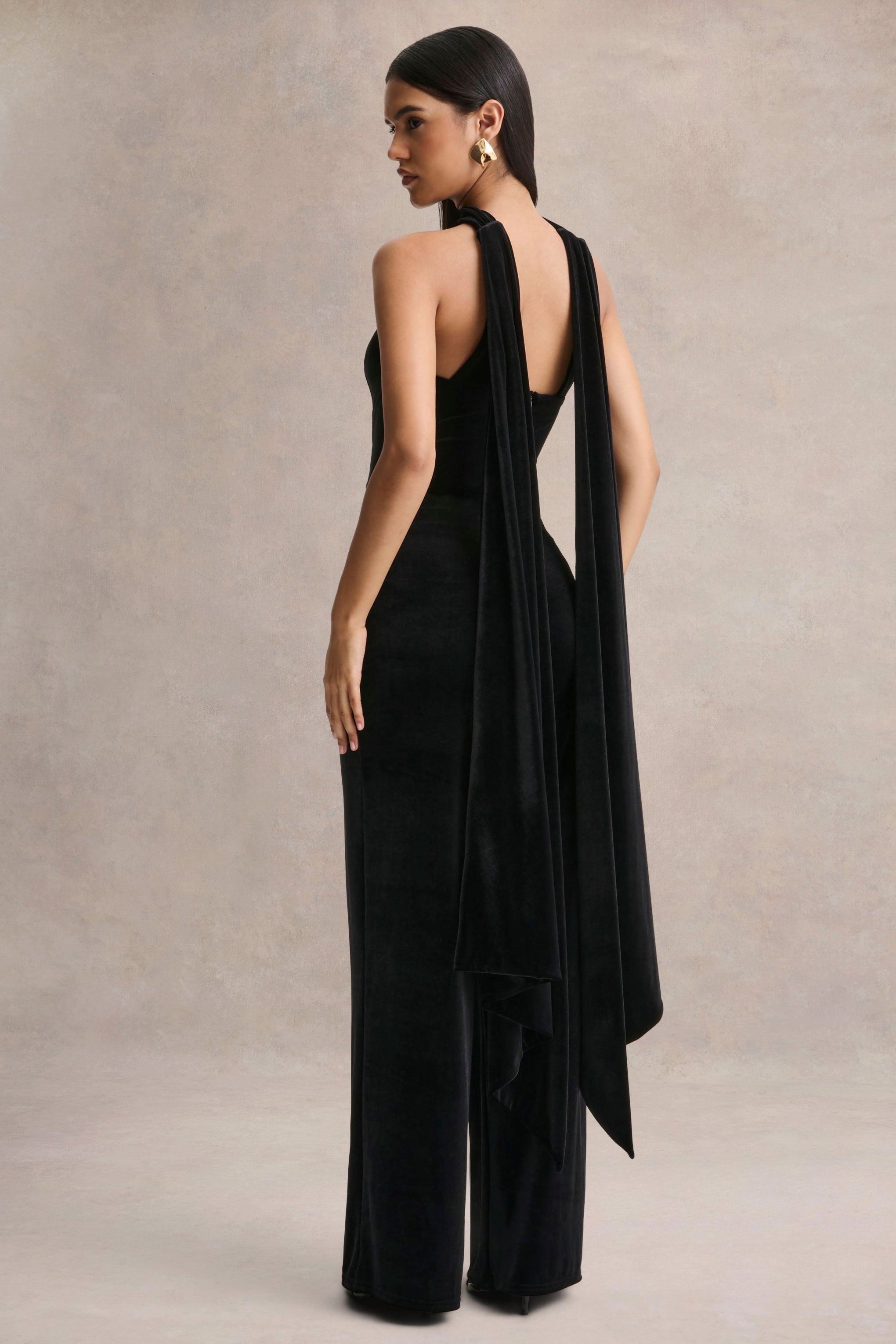 Arcane | Black Velvet Bandeau Jumpsuit With Scarf