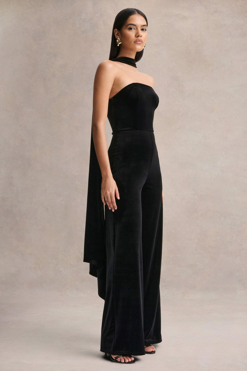 Arcane | Black Velvet Bandeau Jumpsuit With Scarf