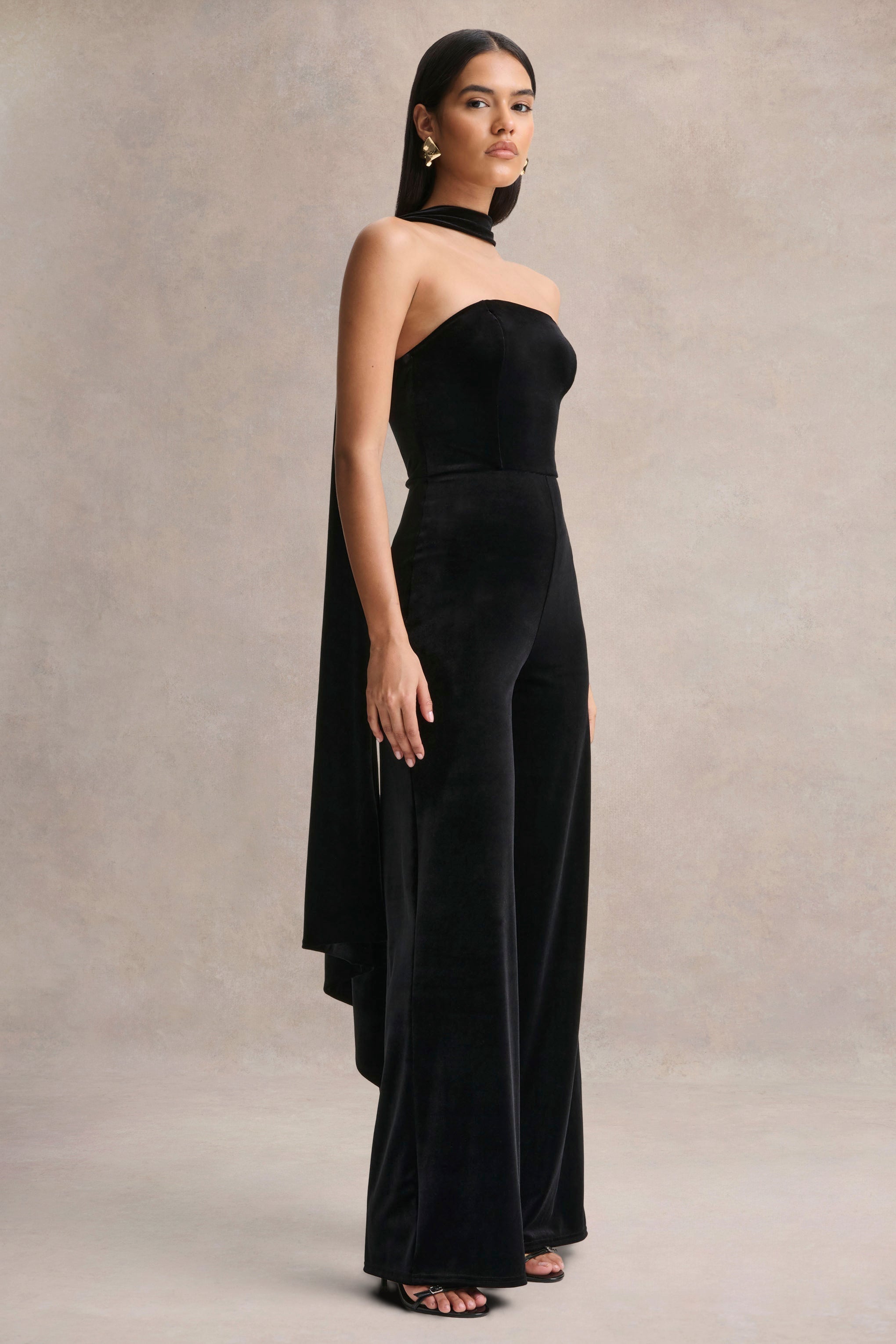 Arcane | Black Velvet Bandeau Jumpsuit With Scarf