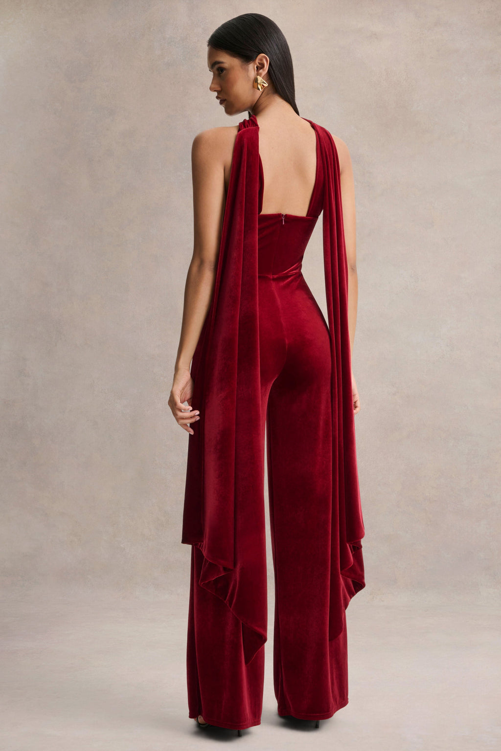 Arcane | Burgundy Velvet Bandeau Jumpsuit With Scarf