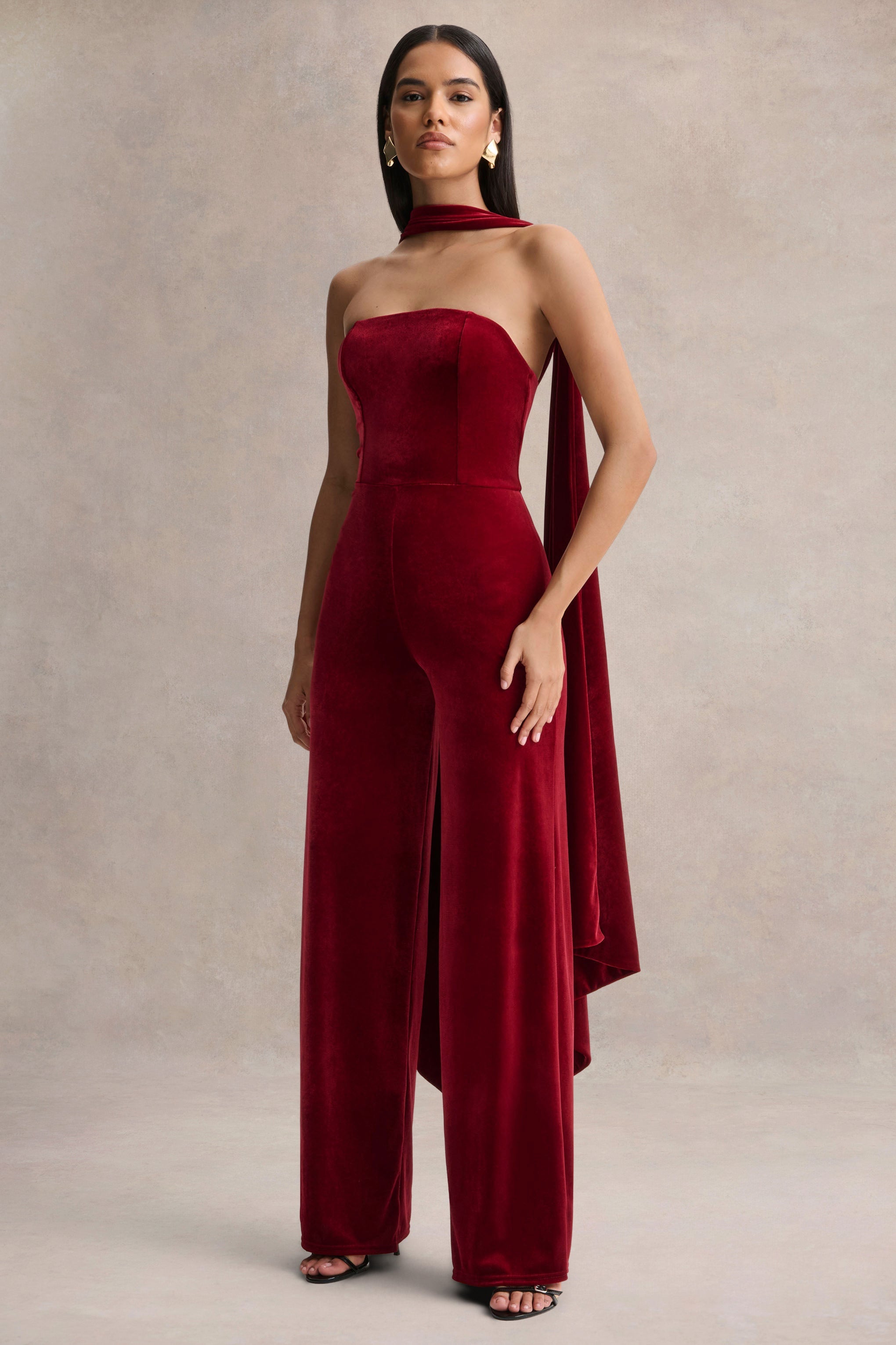 Arcane | Burgundy Velvet Bandeau Jumpsuit With Scarf
